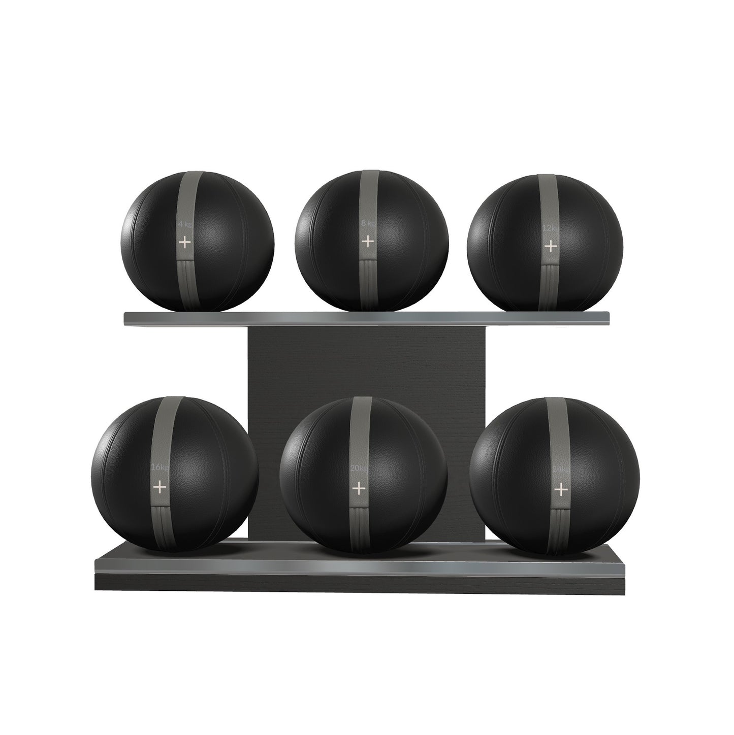 Six black leather medicine balls with grey accent leather, arranged on two shelves made of black ash wood. PENT. MOXA Set Ultimate - Set of 6 Medicine Balls on Horizontal Wooden Stand