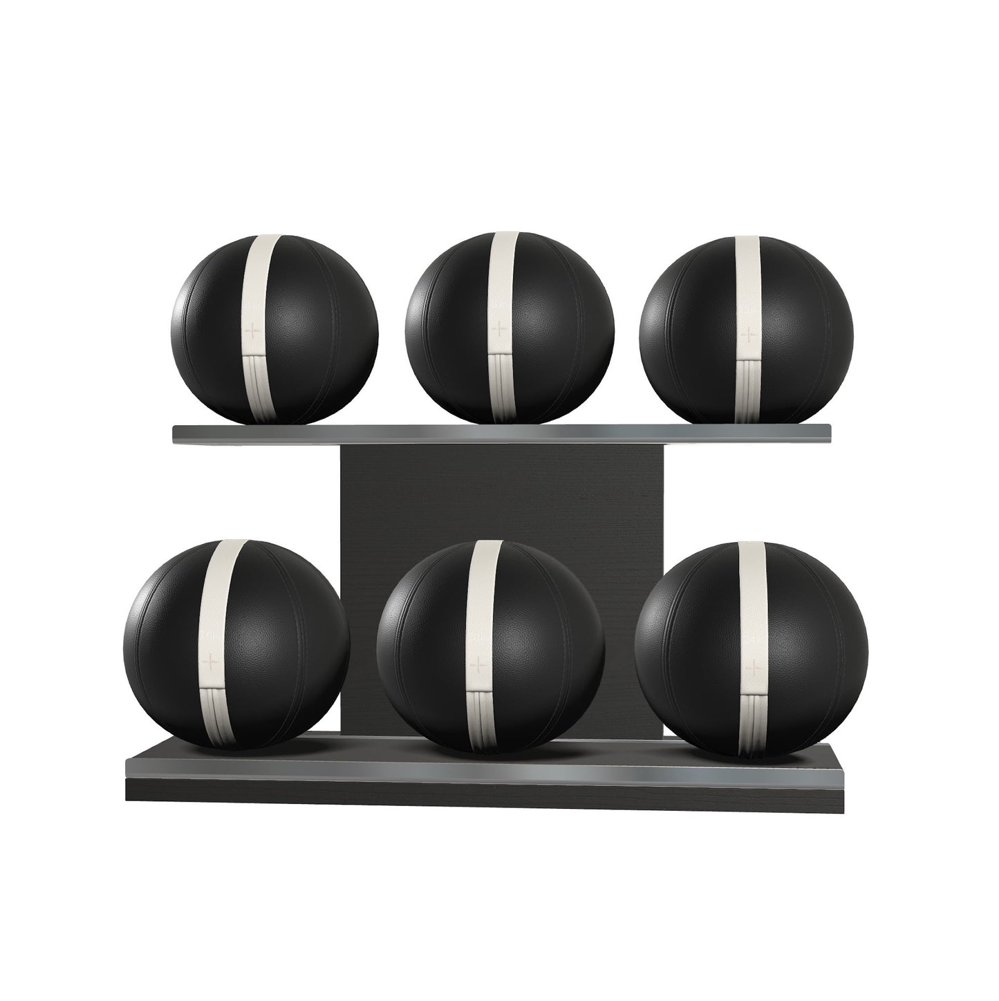 Six black leather medicine balls with white accent leather, arranged on two shelves made of black ash wood. PENT. MOXA Set Ultimate - Set of 6 Medicine Balls on Horizontal Wooden Stand