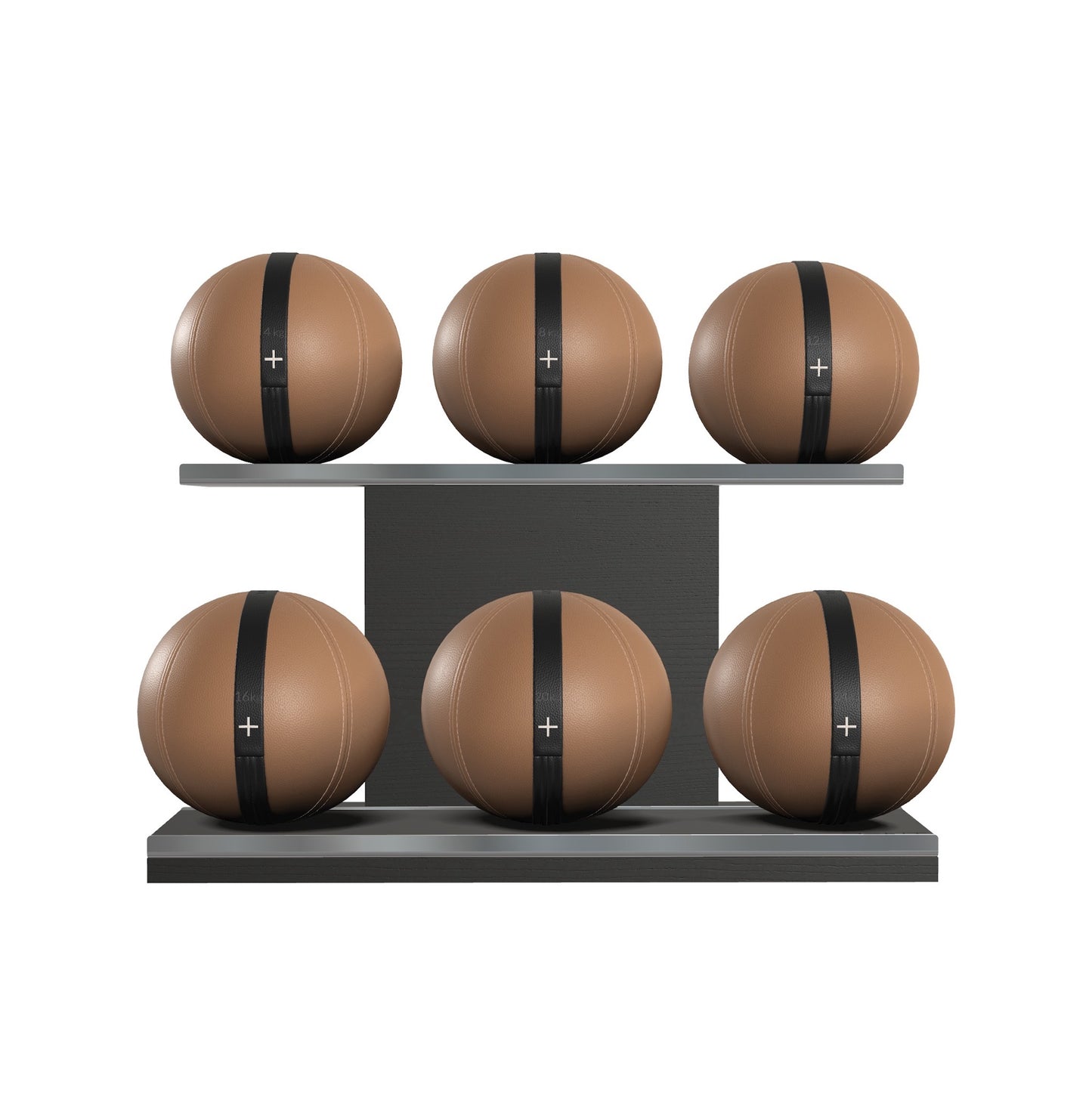 Six brown leather medicine balls with black accent leather, arranged on two shelves made of black ash wood. PENT. MOXA Set Ultimate - Set of 6 Medicine Balls on Horizontal Wooden Stand