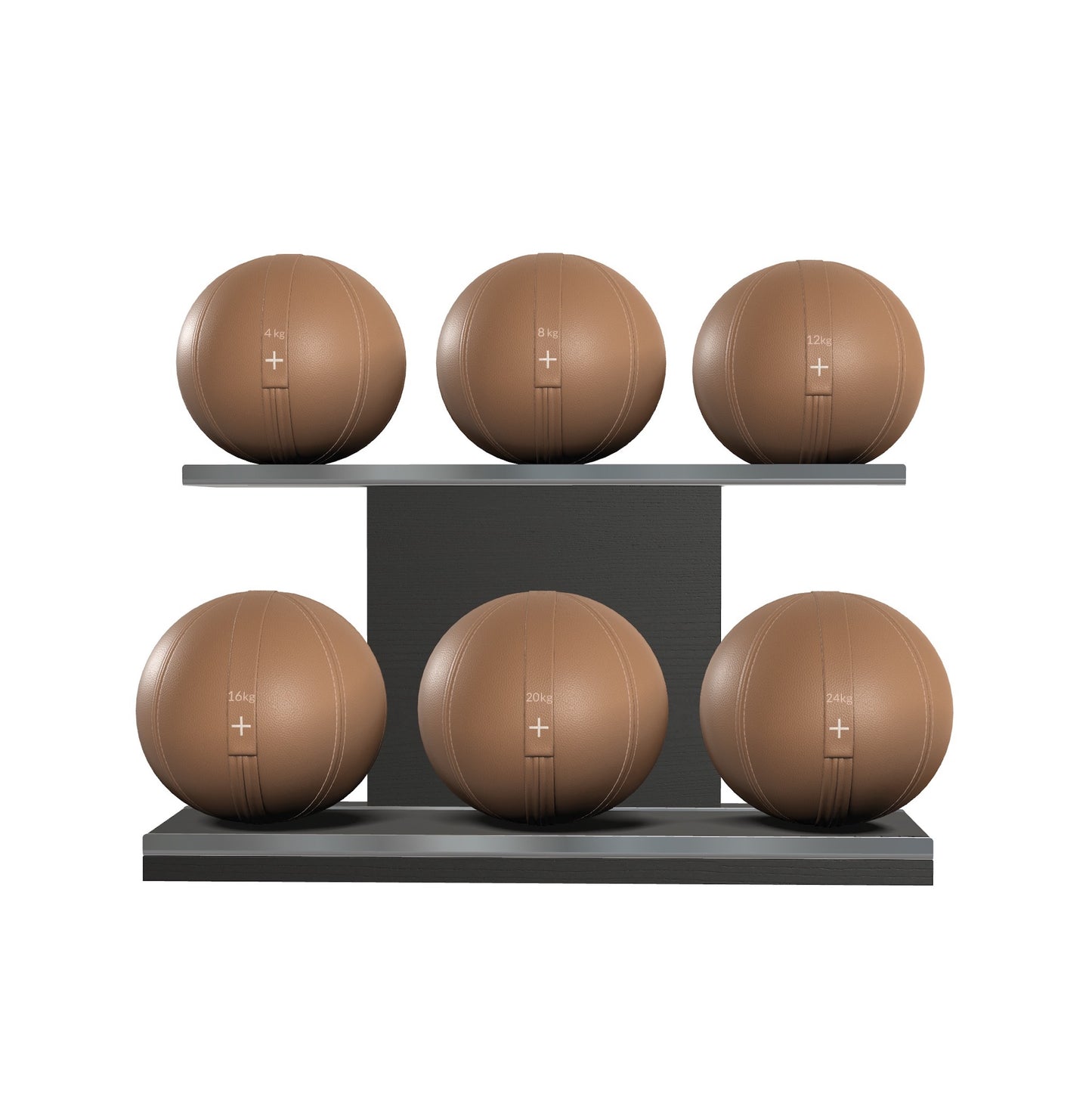 Six brown leather medicine balls with brown accent leather, arranged on two shelves made of black ash wood. PENT. MOXA Set Ultimate - Set of 6 Medicine Balls on Horizontal Wooden Stand