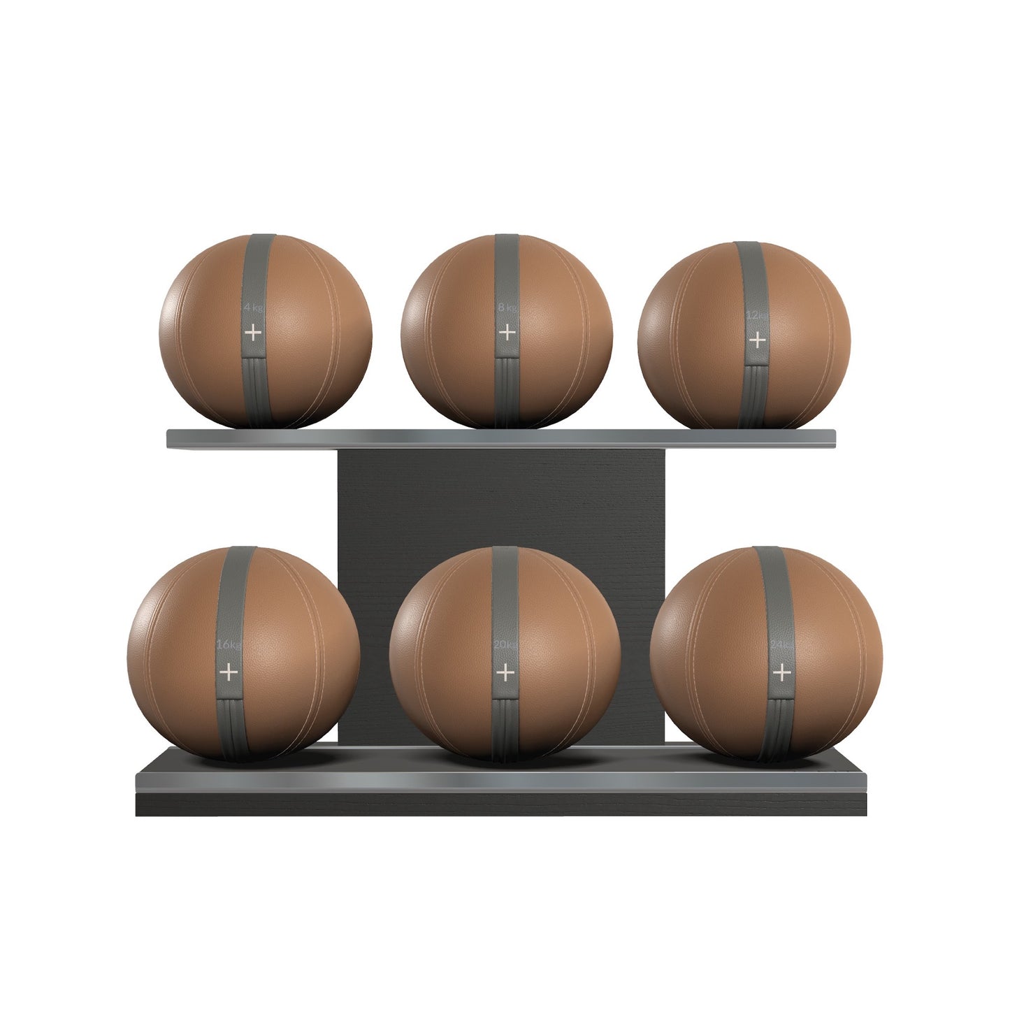 Six brown leather medicine balls with grey accent leather, arranged on two shelves made of black ash wood. PENT. MOXA Set Ultimate - Set of 6 Medicine Balls on Horizontal Wooden Stand