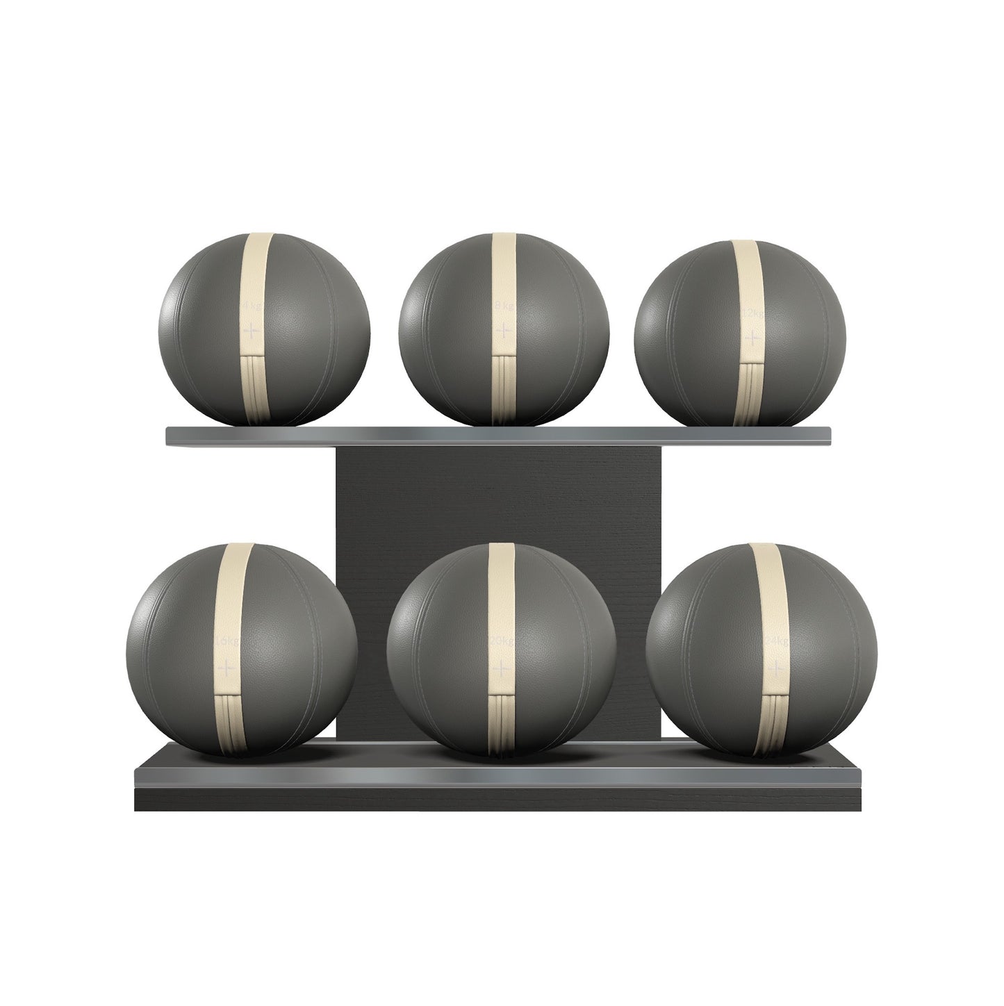 Six grey leather medicine balls with white accent leather, arranged on two shelves made of black ash wood. PENT. MOXA Set Ultimate - Set of 6 Medicine Balls on Horizontal Wooden Stand
