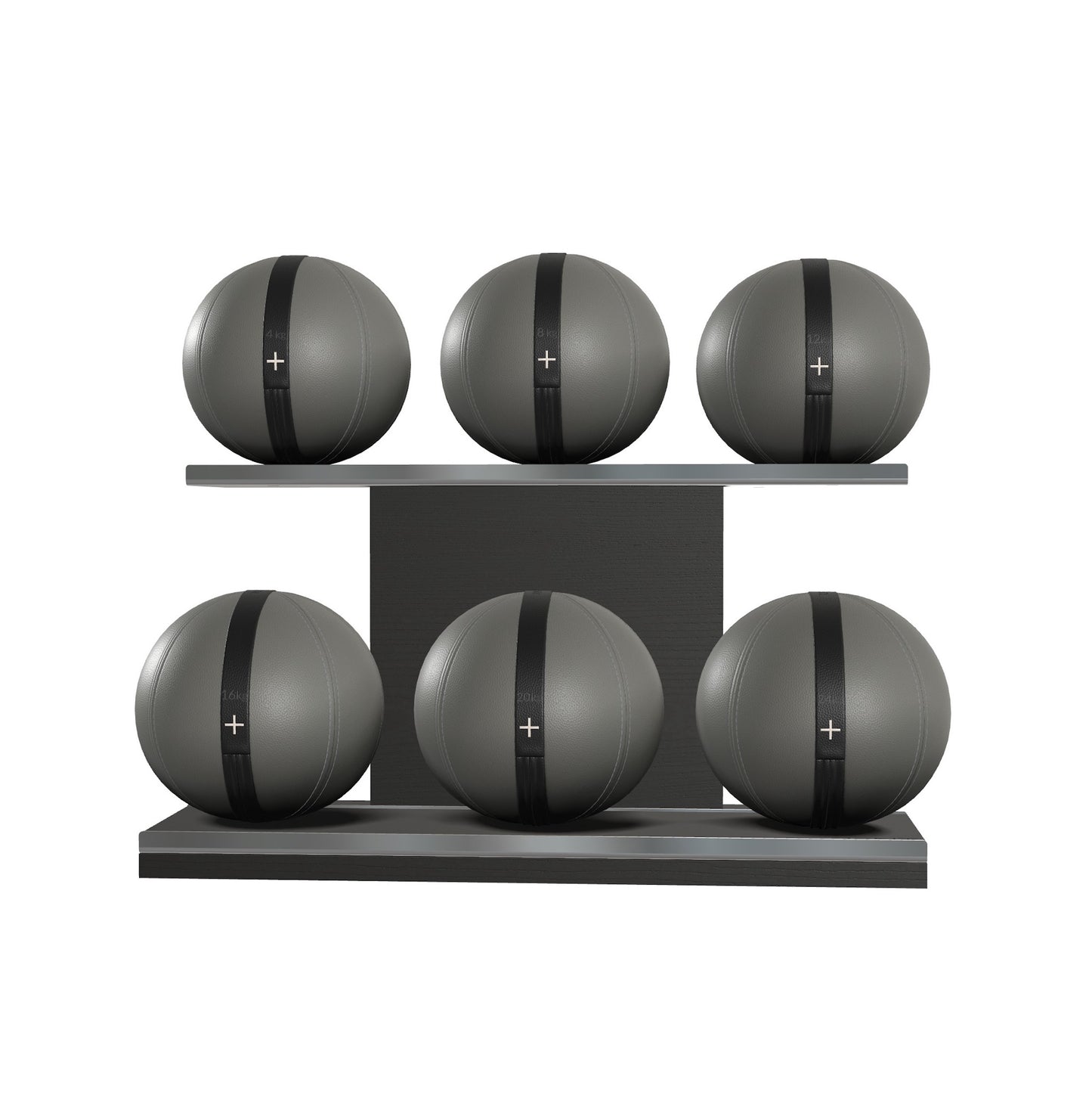 Six grey leather medicine balls with black accent leather, arranged on two shelves made of black ash wood. PENT. MOXA Set Ultimate - Set of 6 Medicine Balls on Horizontal Wooden Stand