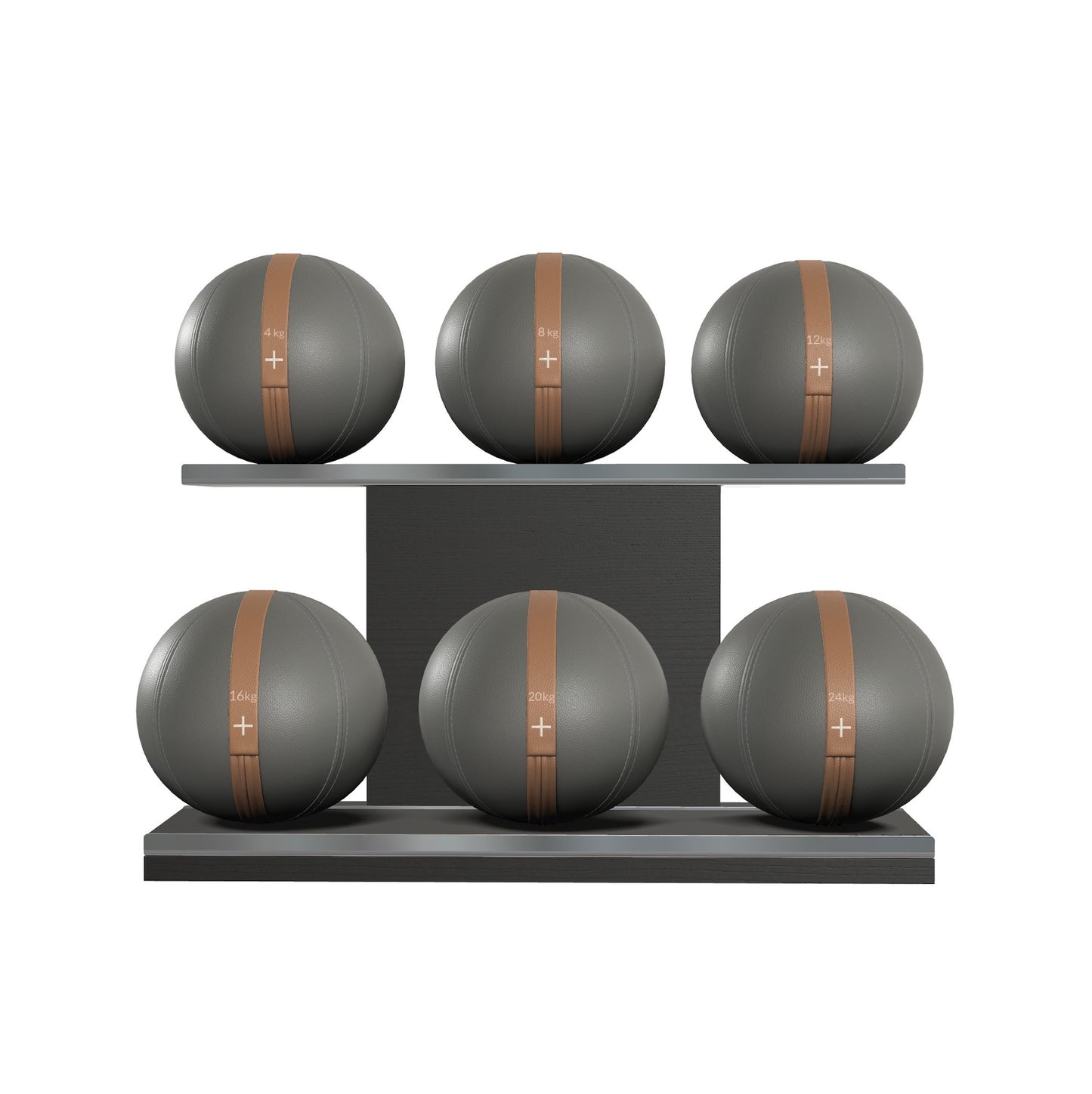 Six grey leather medicine balls with brown accent leather, arranged on two shelves made of black ash wood. PENT. MOXA Set Ultimate - Set of 6 Medicine Balls on Horizontal Wooden Stand