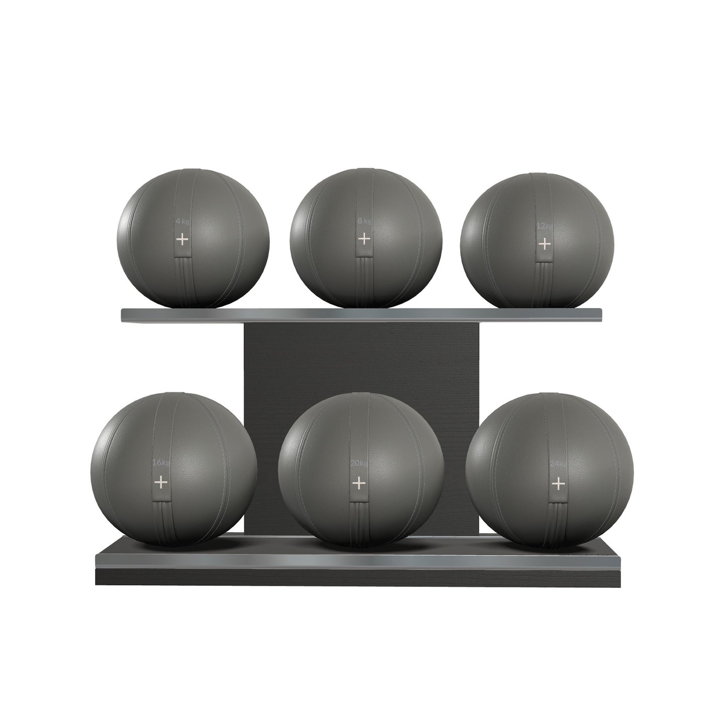 Six grey leather medicine balls with grey accent leather, arranged on two shelves made of black ash wood. PENT. MOXA Set Ultimate - Set of 6 Medicine Balls on Horizontal Wooden Stand