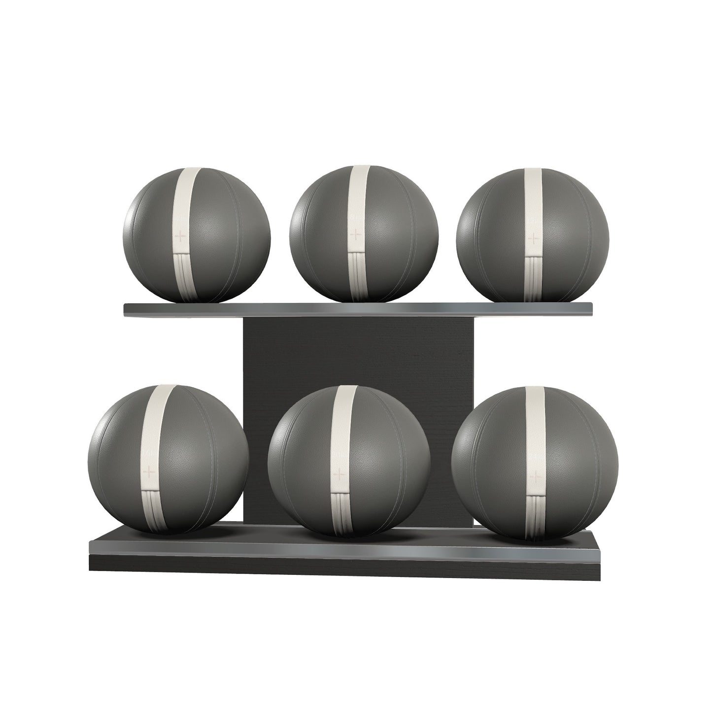 Six grey leather medicine balls with white accent leather, arranged on two shelves made of black ash wood. PENT. MOXA Set Ultimate - Set of 6 Medicine Balls on Horizontal Wooden Stand