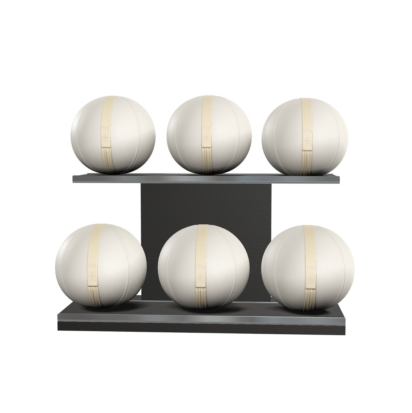 Six white leather medicine balls with white accent leather, arranged on two shelves made of black ash wood. PENT. MOXA Set Ultimate - Set of 6 Medicine Balls on Horizontal Wooden Stand