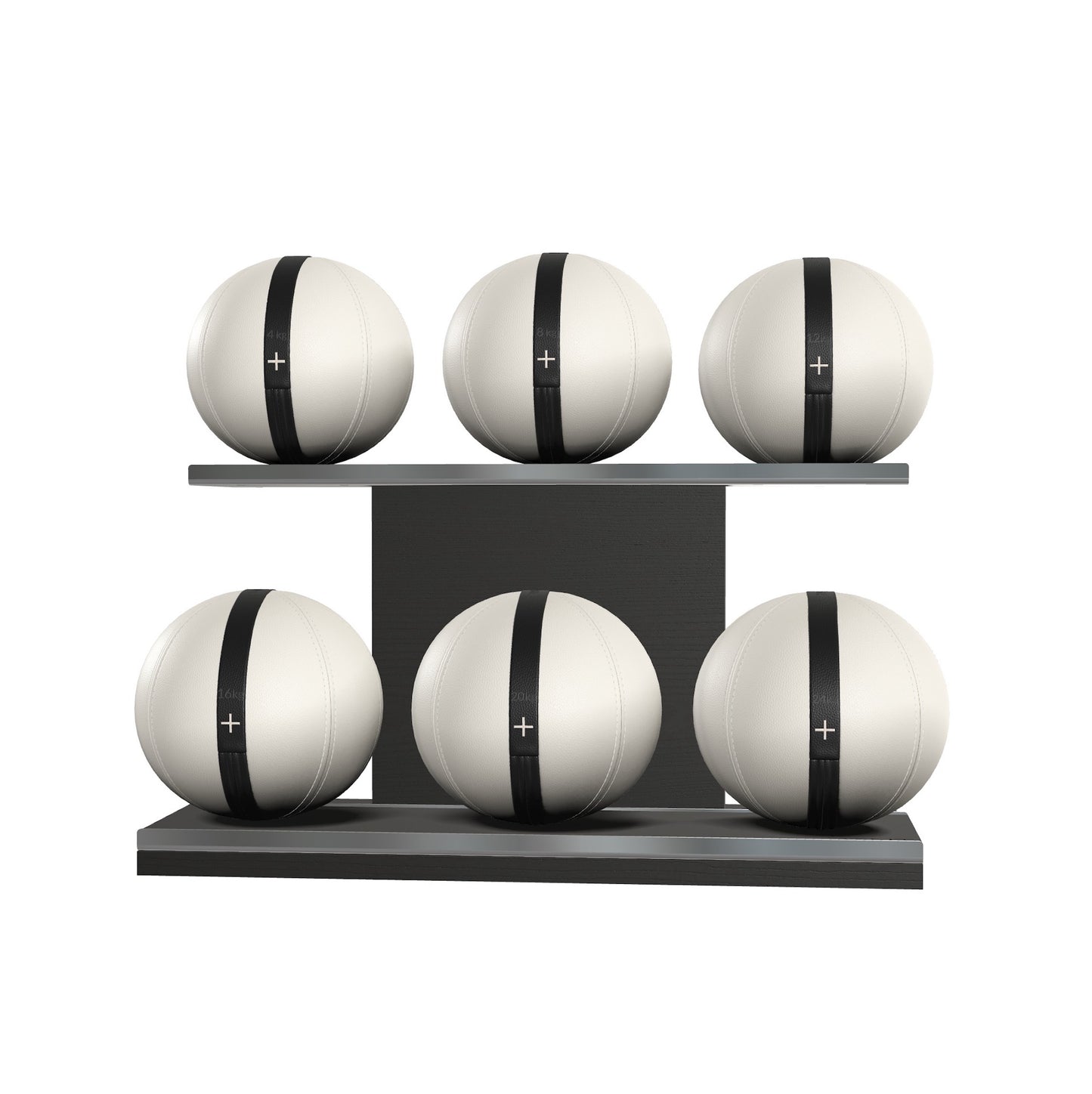 Six white leather medicine balls with black accent leather, arranged on two shelves made of black ash wood. PENT. MOXA Set Ultimate - Set of 6 Medicine Balls on Horizontal Wooden Stand