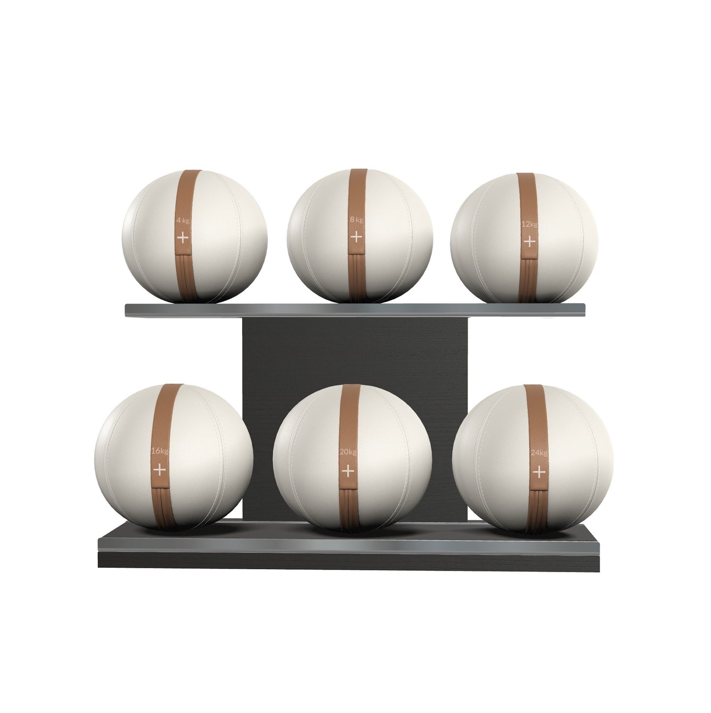 Six white leather medicine balls with brown accent leather, arranged on two shelves made of black ash wood. PENT. MOXA Set Ultimate - Set of 6 Medicine Balls on Horizontal Wooden Stand