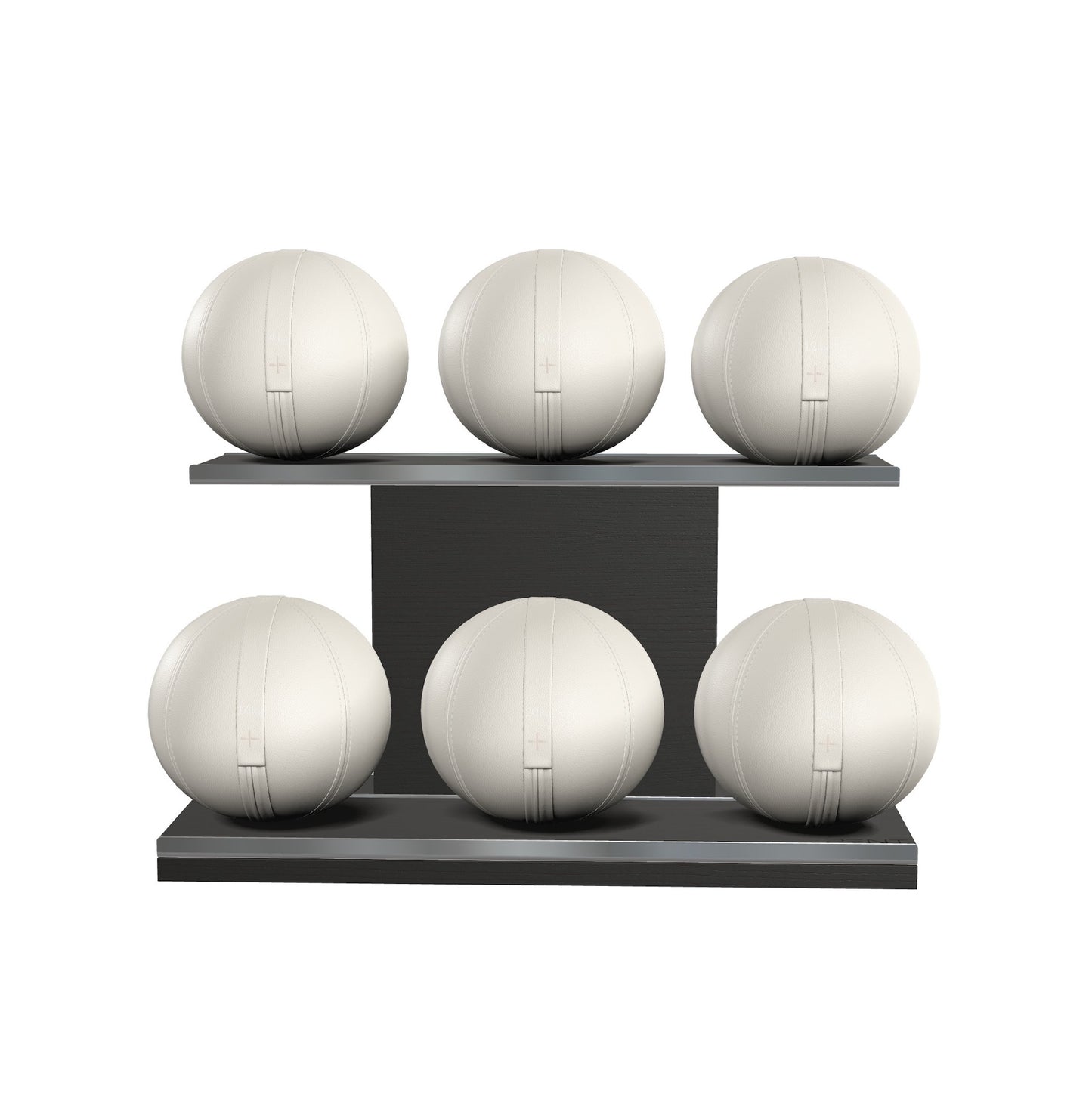 Six white leather medicine balls with white accent leather, arranged on two shelves made of black ash wood. PENT. MOXA Set Ultimate - Set of 6 Medicine Balls on Horizontal Wooden Stand