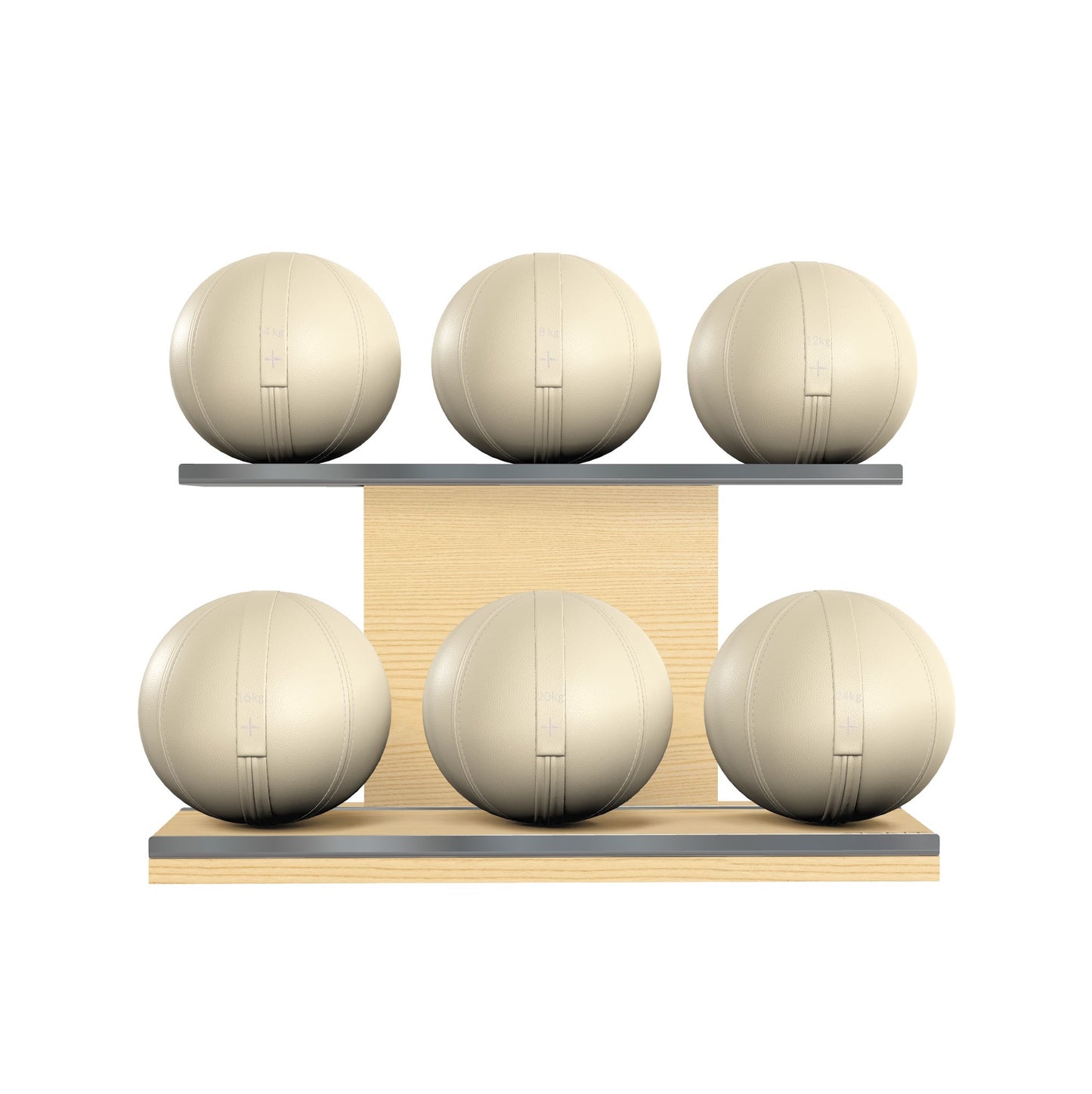 Six beige leather medicine balls with white accent leather, arranged on two shelves made of natural ash wood. PENT. MOXA Set Ultimate - Set of 6 Medicine Balls on Horizontal Wooden Stand