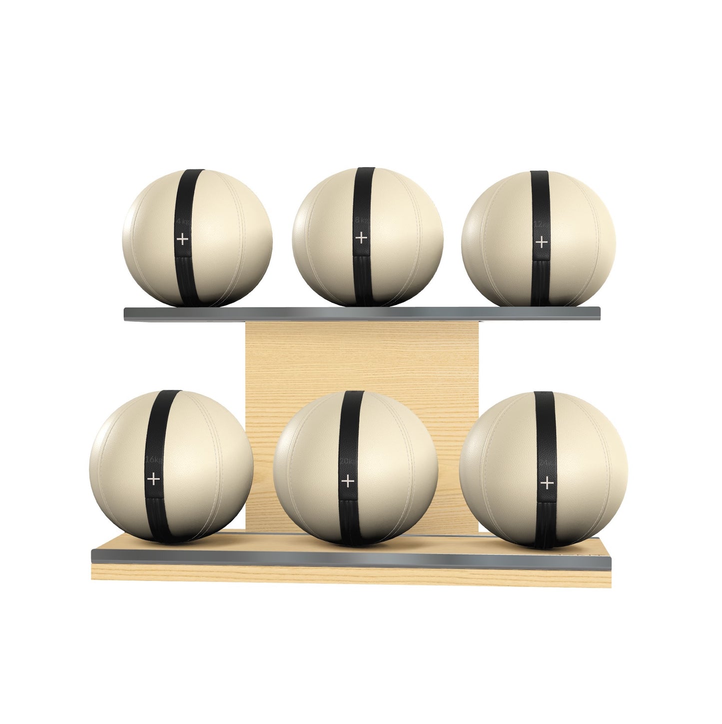 Six beige leather medicine balls with black accent leather, arranged on two shelves made of natural ash wood. PENT. MOXA Set Ultimate - Set of 6 Medicine Balls on Horizontal Wooden Stand