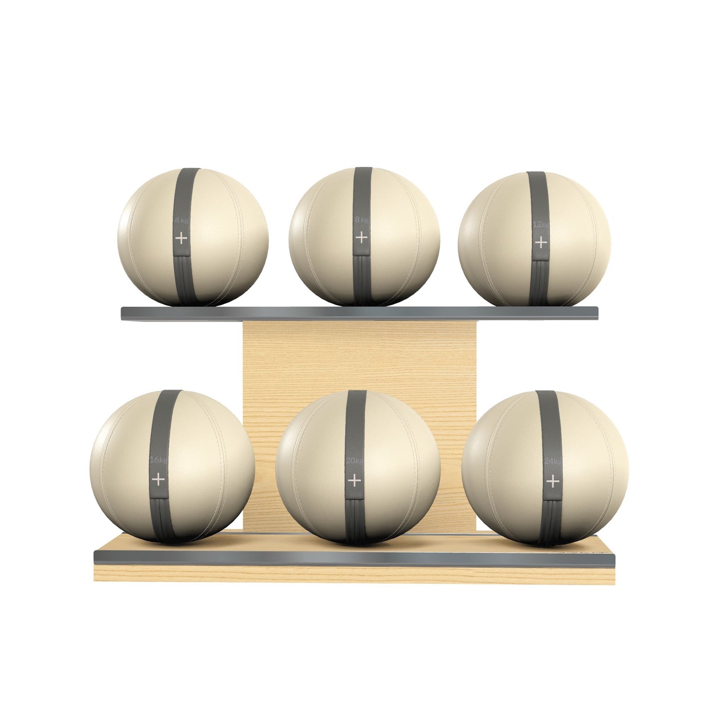 Six beige leather medicine balls with grey accent leather, arranged on two shelves made of natural ash wood. PENT. MOXA Set Ultimate - Set of 6 Medicine Balls on Horizontal Wooden Stand