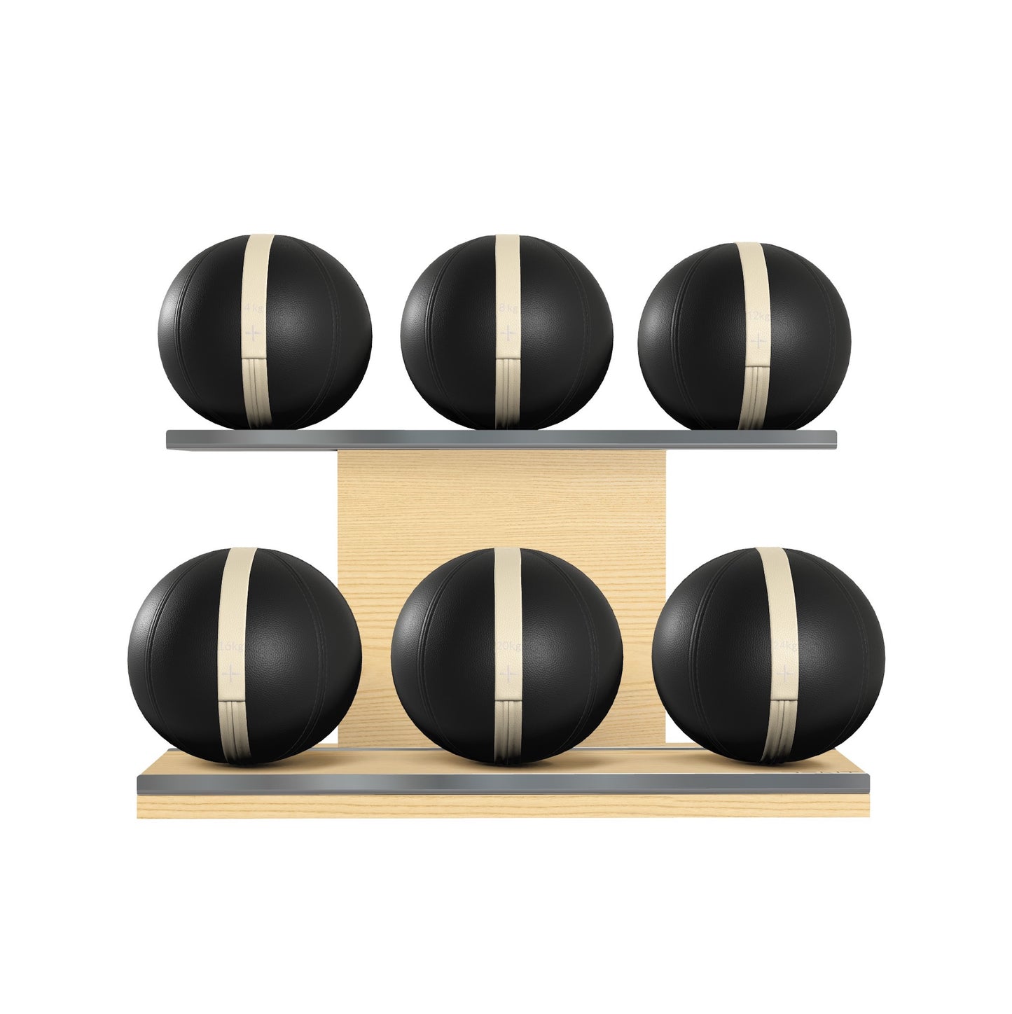 Six black leather medicine balls with beige accent leather, arranged on two shelves made of natural ash wood. PENT. MOXA Set Ultimate - Set of 6 Medicine Balls on Horizontal Wooden Stand
