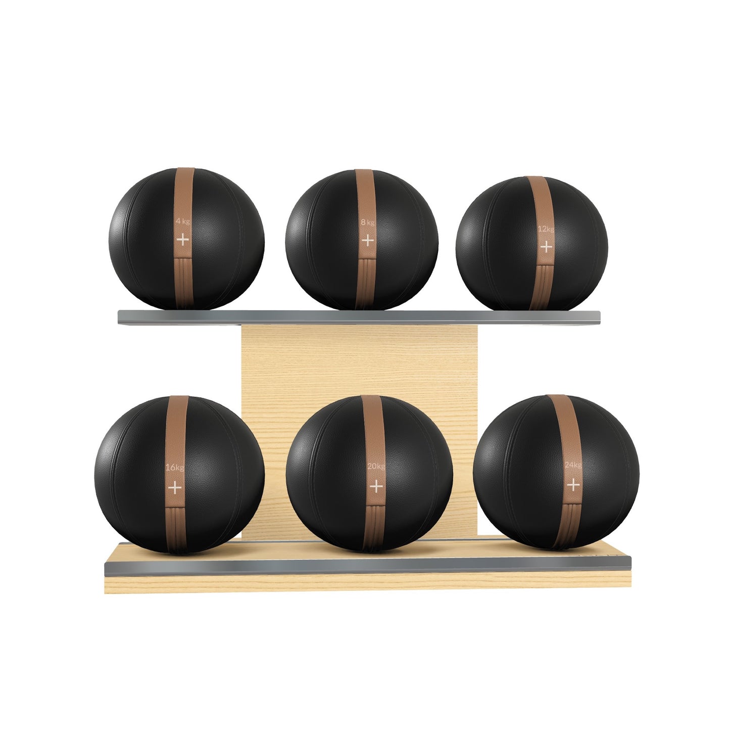 Six black leather medicine balls with brown accent leather, arranged on two shelves made of natural ash wood. PENT. MOXA Set Ultimate - Set of 6 Medicine Balls on Horizontal Wooden Stand