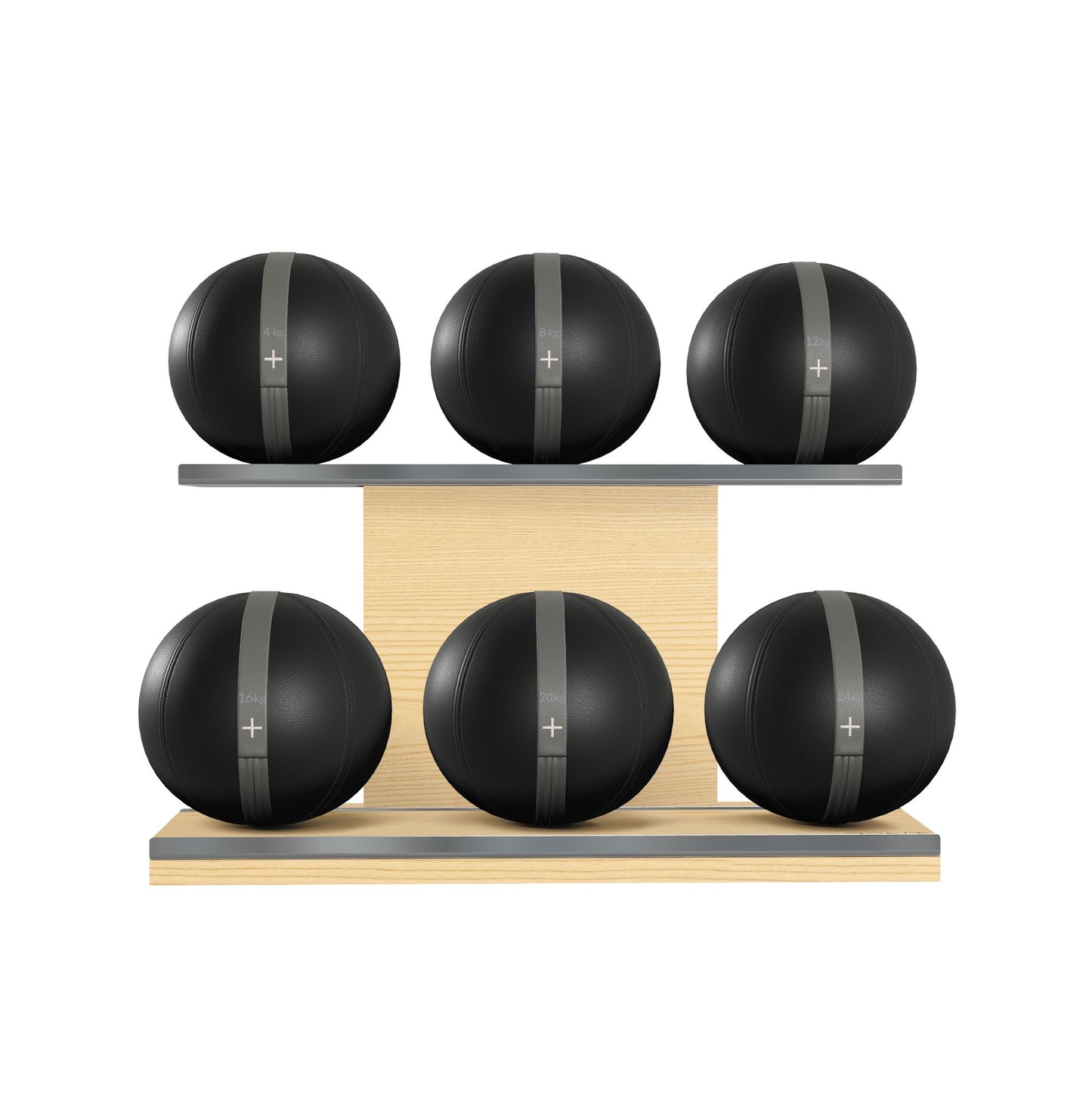 Six black leather medicine balls with grey accent leather, arranged on two shelves made of natural ash wood. PENT. MOXA Set Ultimate - Set of 6 Medicine Balls on Horizontal Wooden Stand