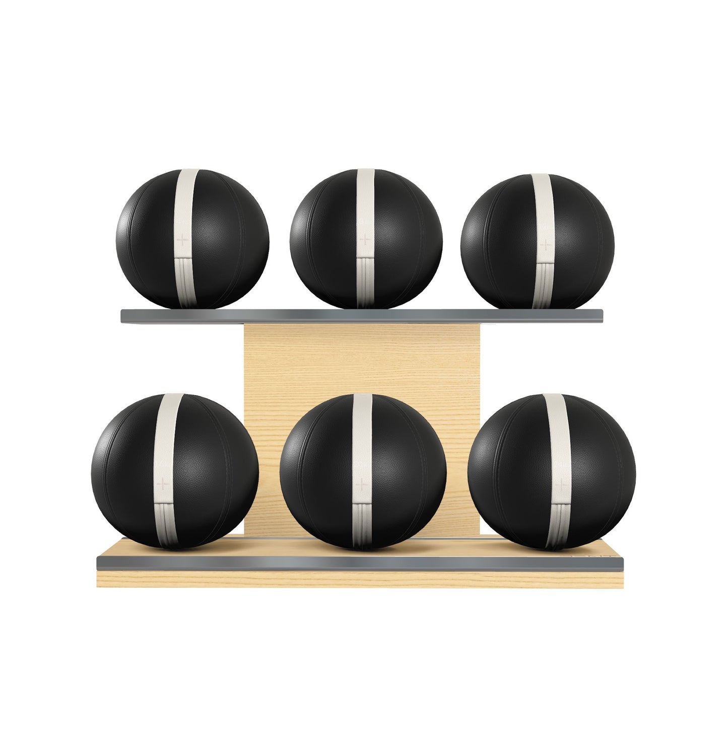 Six black leather medicine balls with white accent leather, arranged on two shelves made of natural ash wood. PENT. MOXA Set Ultimate - Set of 6 Medicine Balls on Horizontal Wooden Stand