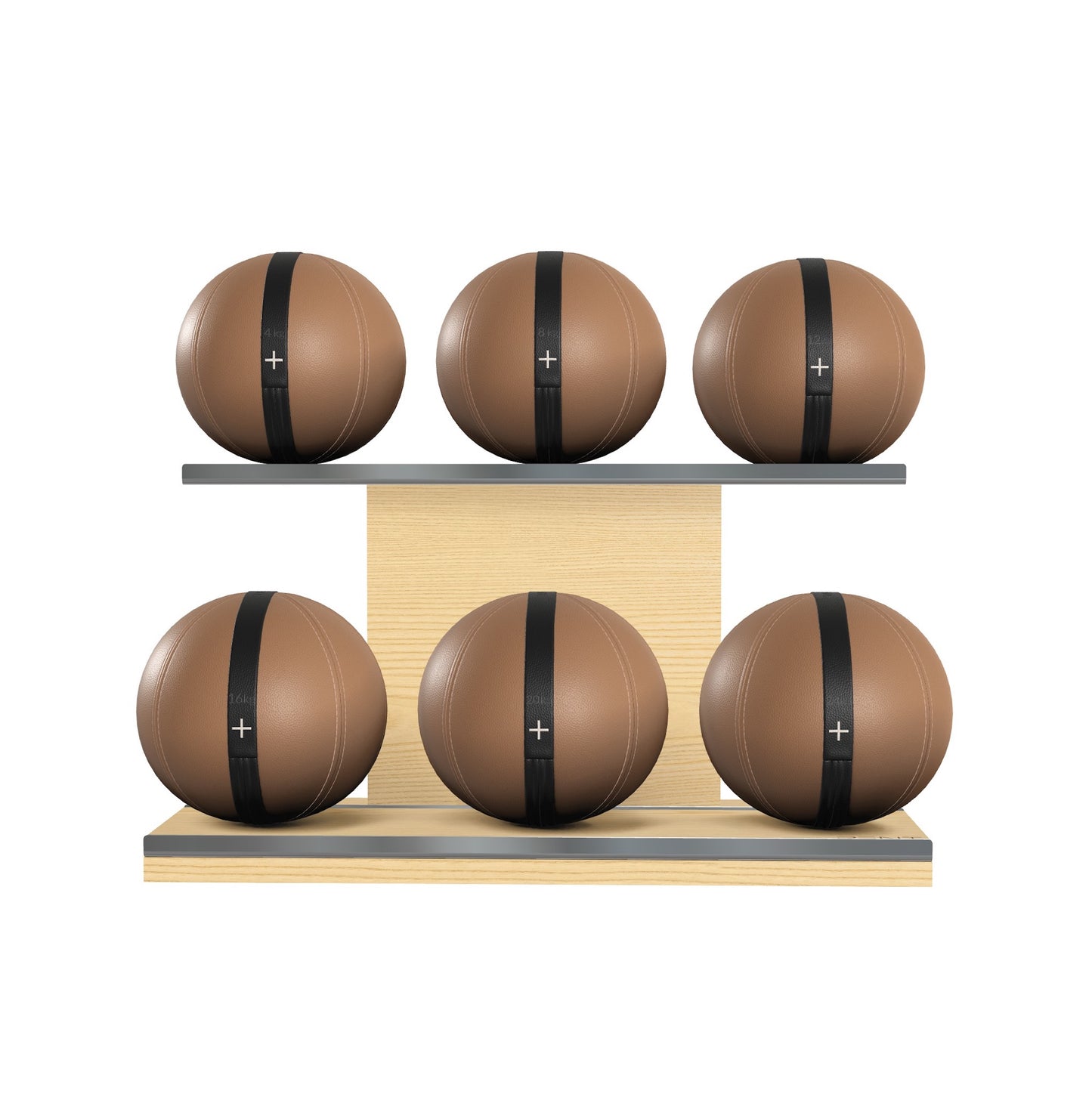 Six brown leather medicine balls with black accent leather, arranged on two shelves made of natural ash wood. PENT. MOXA Set Ultimate - Set of 6 Medicine Balls on Horizontal Wooden Stand