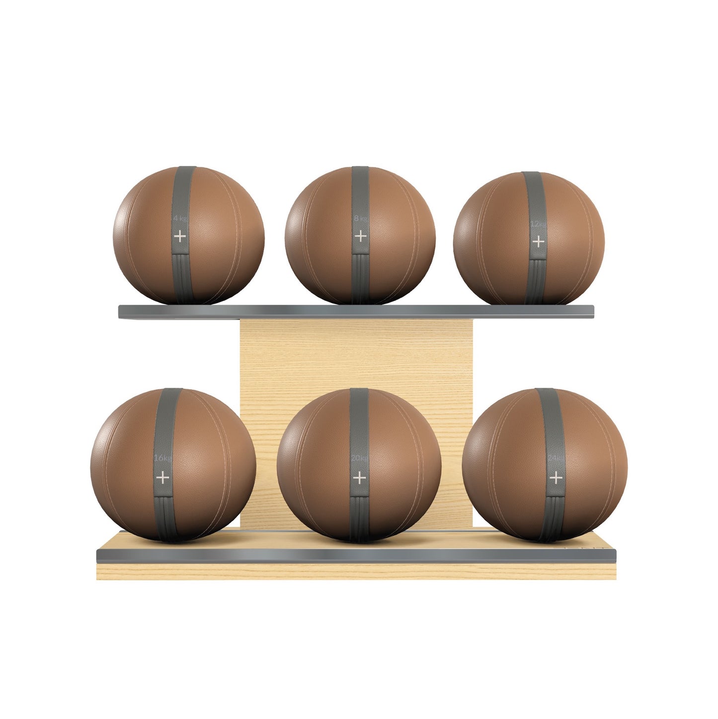Six brown leather medicine balls with grey accent leather, arranged on two shelves made of natural ash wood. PENT. MOXA Set Ultimate - Set of 6 Medicine Balls on Horizontal Wooden Stand