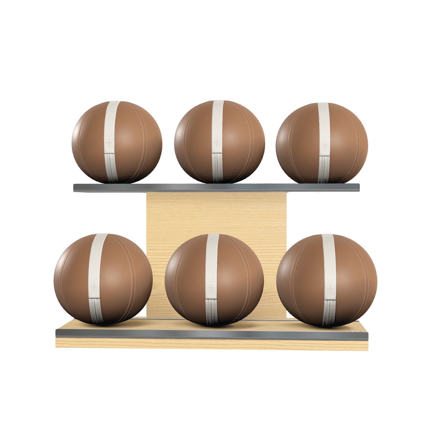 Six brown leather medicine balls with white accent leather, arranged on two shelves made of natural ash wood. PENT. MOXA Set Ultimate - Set of 6 Medicine Balls on Horizontal Wooden Stand