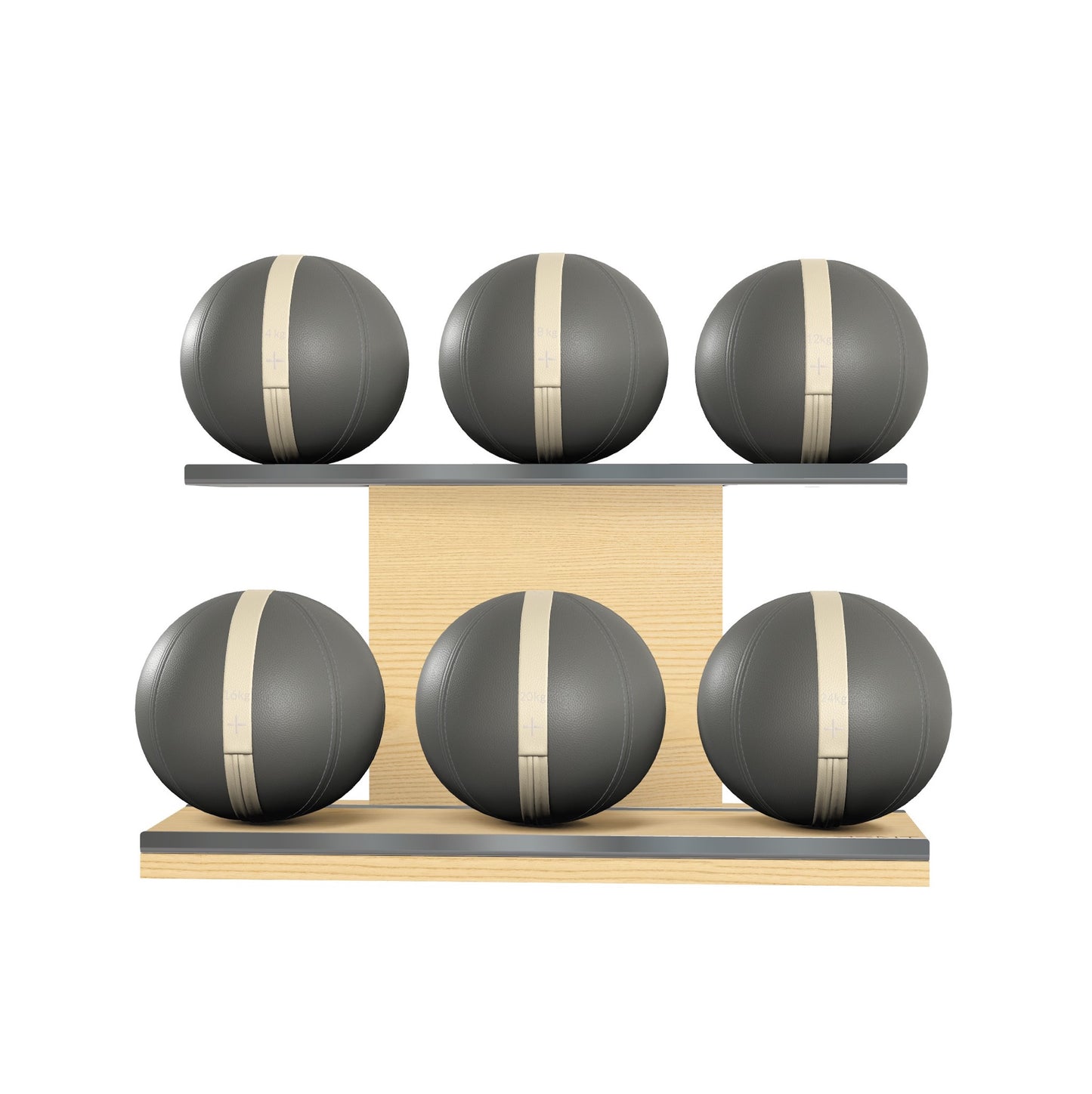 Six grey leather medicine balls with beige accent leather, arranged on two shelves made of natural ash wood. PENT. MOXA Set Ultimate - Set of 6 Medicine Balls on Horizontal Wooden Stand