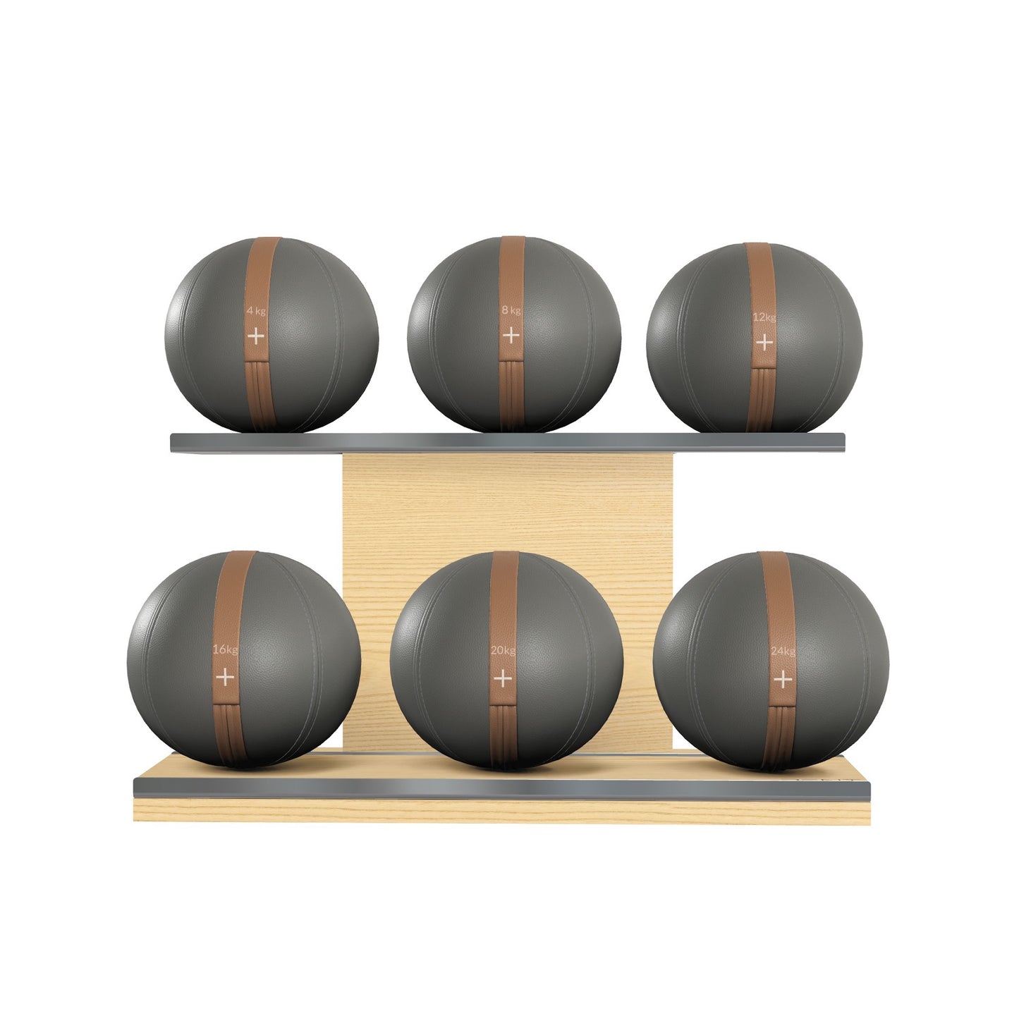Six grey leather medicine balls with brown accent leather, arranged on two shelves made of natural ash wood. PENT. MOXA Set Ultimate - Set of 6 Medicine Balls on Horizontal Wooden Stand