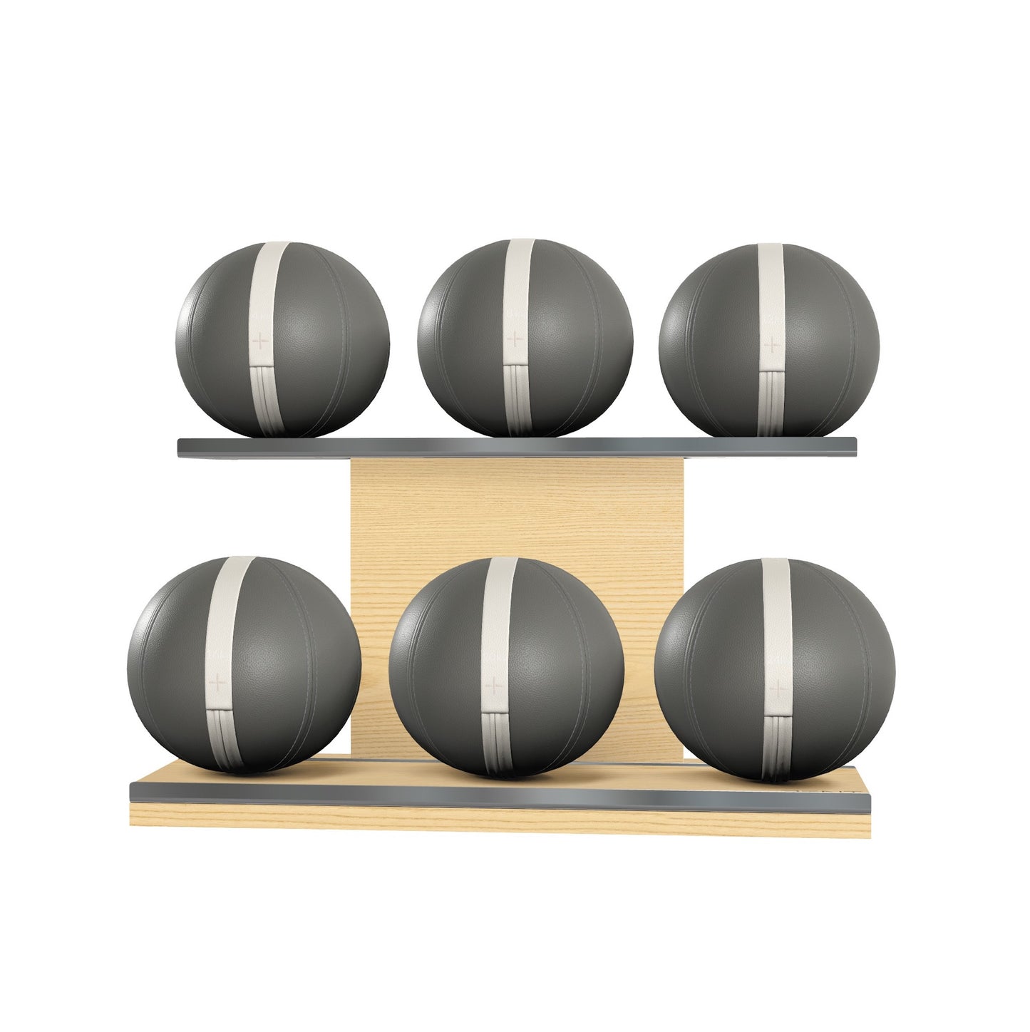 Six grey leather medicine balls with beige accent leather, arranged on two shelves made of natural ash wood. PENT. MOXA Set Ultimate - Set of 6 Medicine Balls on Horizontal Wooden Stand
