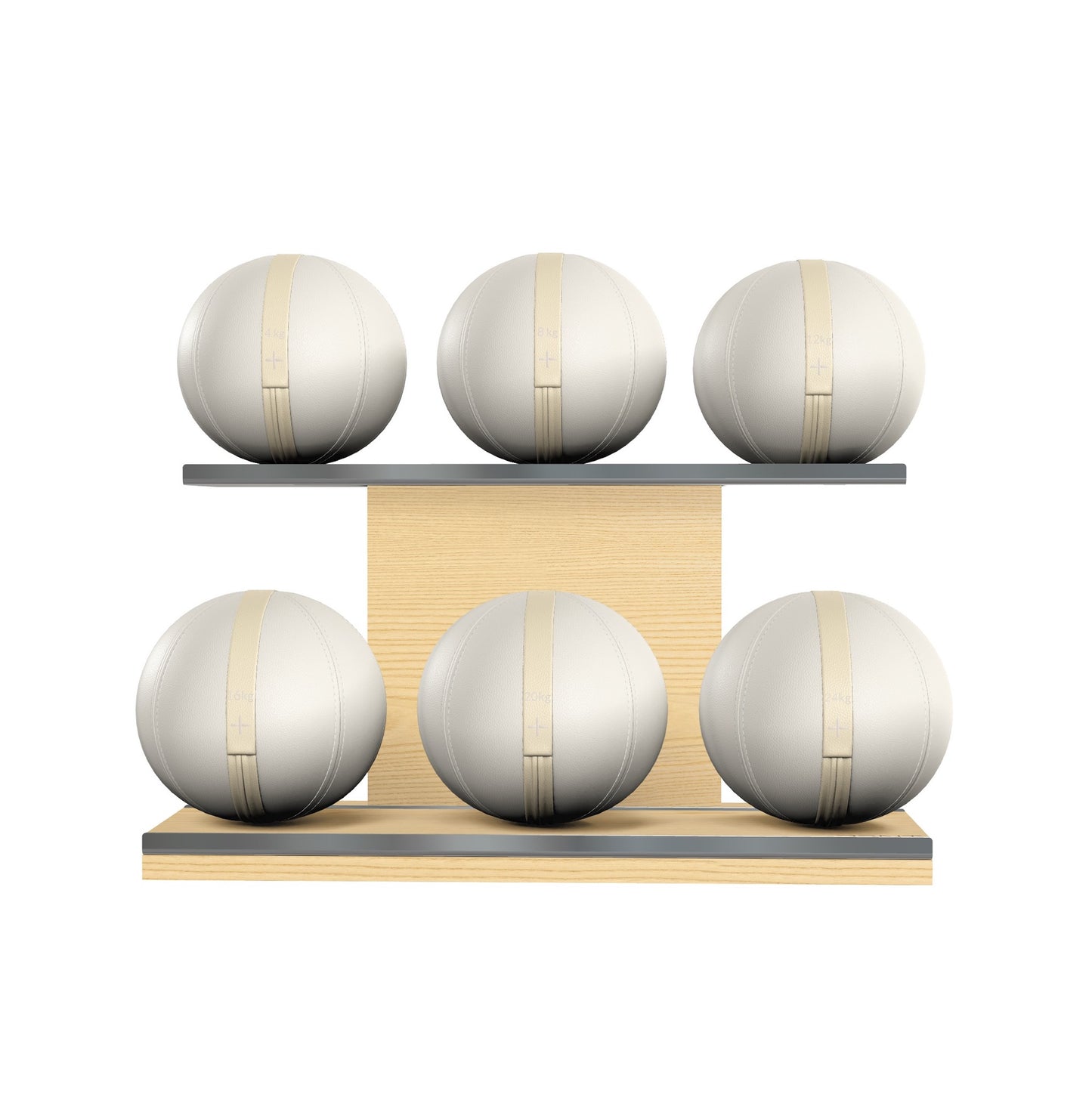 Six white leather medicine balls with beige accent leather, arranged on two shelves made of natural ash wood. PENT. MOXA Set Ultimate - Set of 6 Medicine Balls on Horizontal Wooden Stand