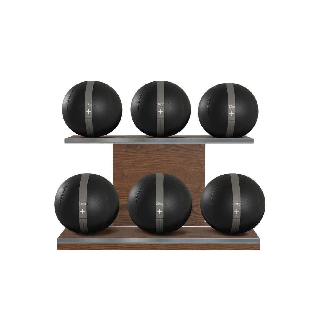 PENT. MOXA Set Ultimate - Set of 6 Medicine Balls on Horizontal Wooden Stand - 4, 8, 12, 16, 20, 24 KG