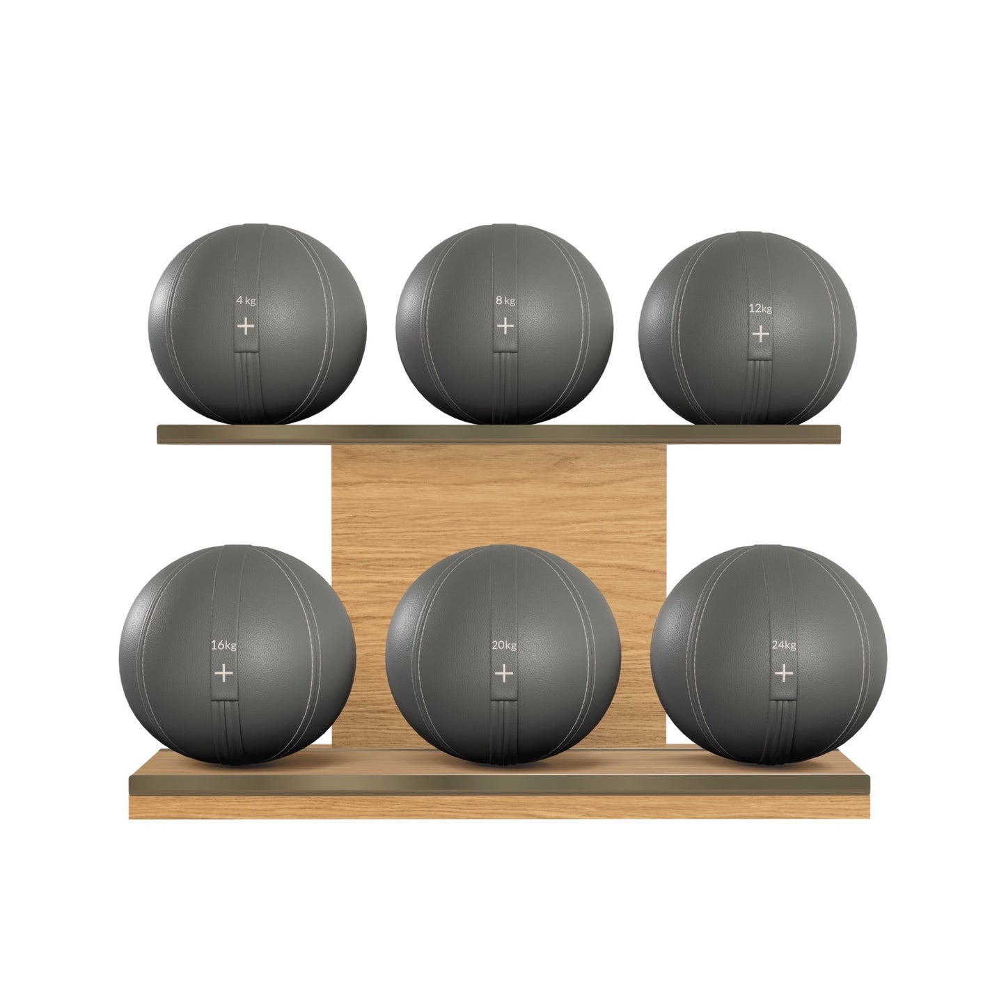 PENT. MOXA Set Ultimate - In Gold - Set of 6 Medicine Balls on Horizontal Wooden Stand - 4, 8, 12, 16, 20, 24 KG
