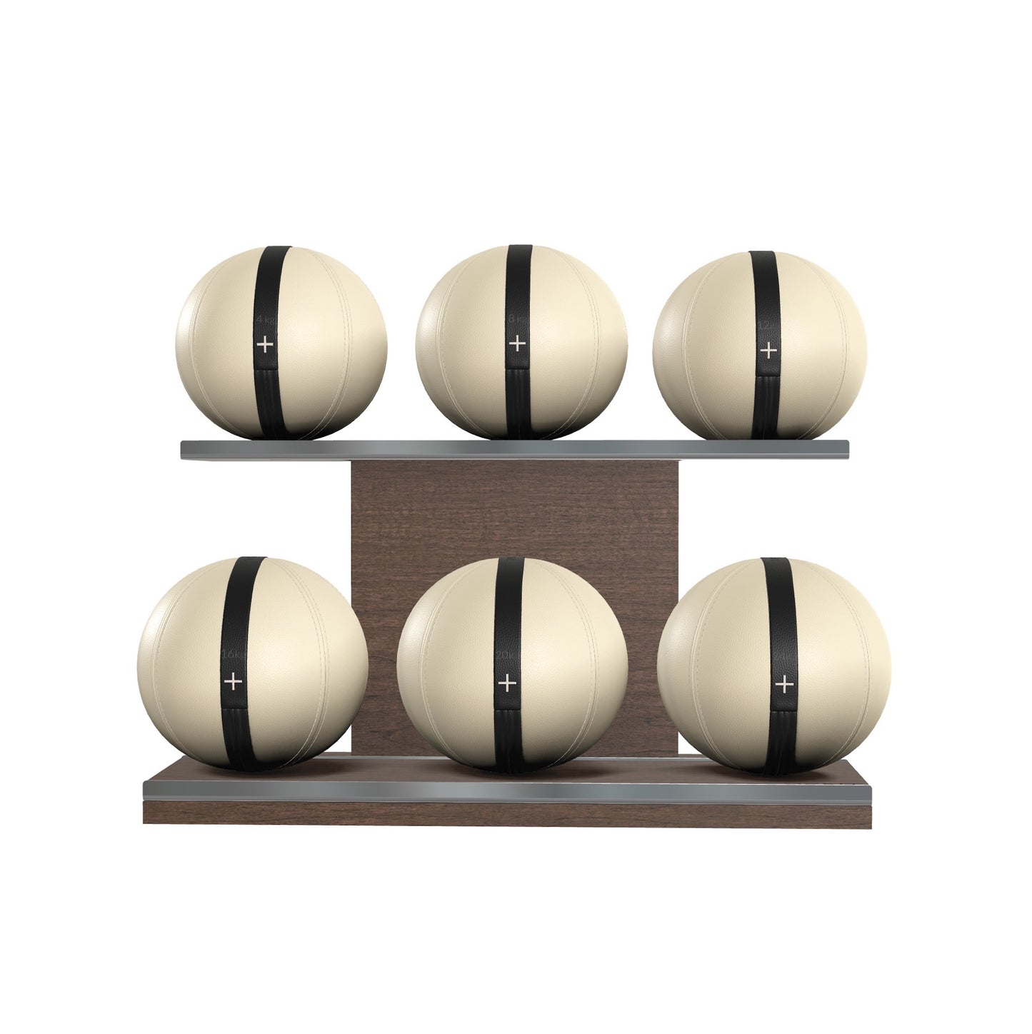 Six beige leather medicine balls with black accent leather, arranged on two shelves made of natural walnut wood. PENT. MOXA Set Ultimate - Set of 6 Medicine Balls on Horizontal Wooden Stand