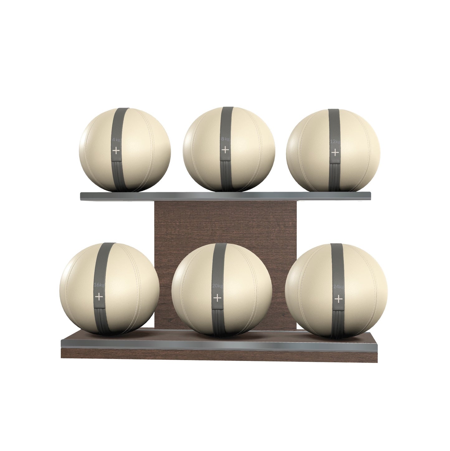 Six beige leather medicine balls with grey accent leather, arranged on two shelves made of natural walnut wood. PENT. MOXA Set Ultimate - Set of 6 Medicine Balls on Horizontal Wooden Stand