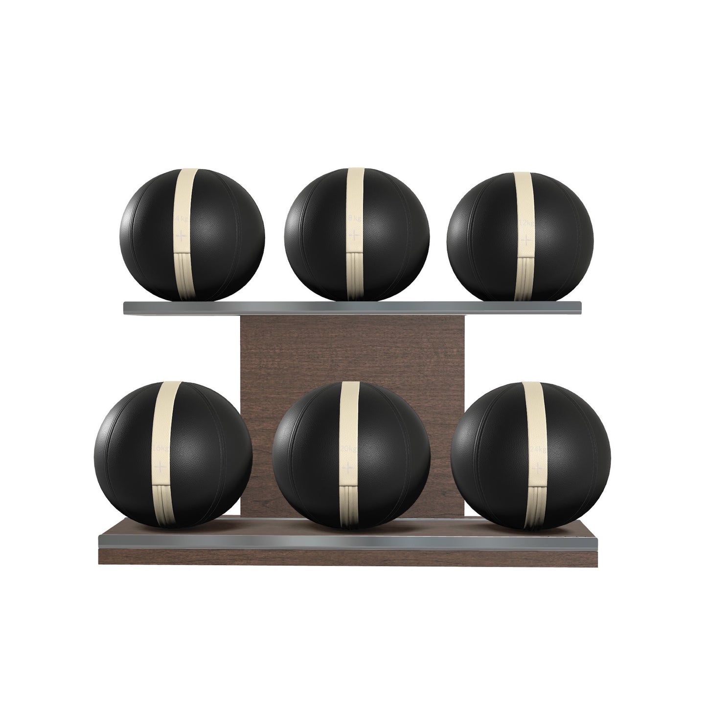 Six black leather medicine balls with white accent leather, arranged on two shelves made of natural walnut wood. PENT. MOXA Set Ultimate - Set of 6 Medicine Balls on Horizontal Wooden Stand