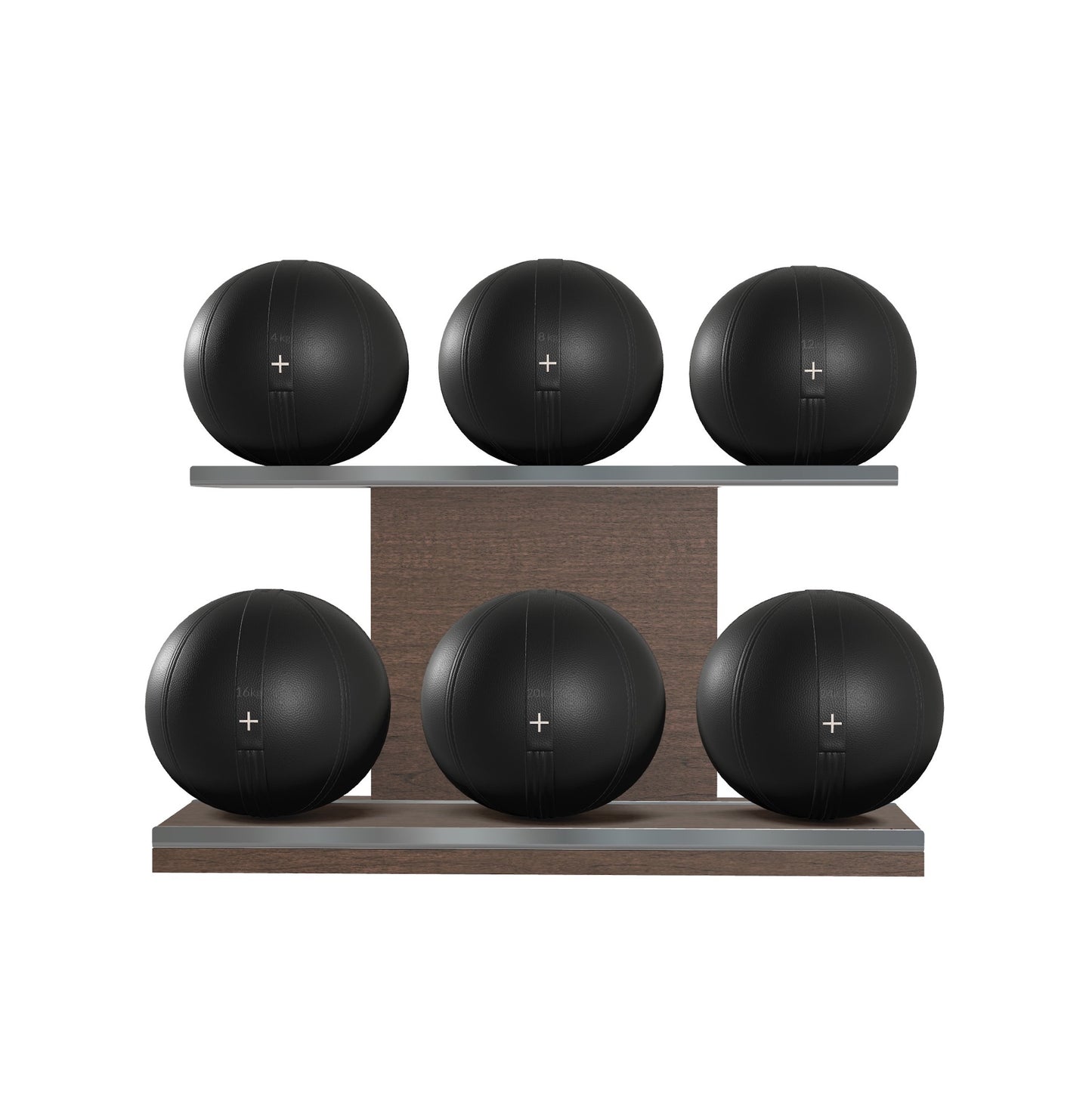 Six black leather medicine balls with black accent leather, arranged on two shelves made of natural walnut wood. PENT. MOXA Set Ultimate - Set of 6 Medicine Balls on Horizontal Wooden Stand