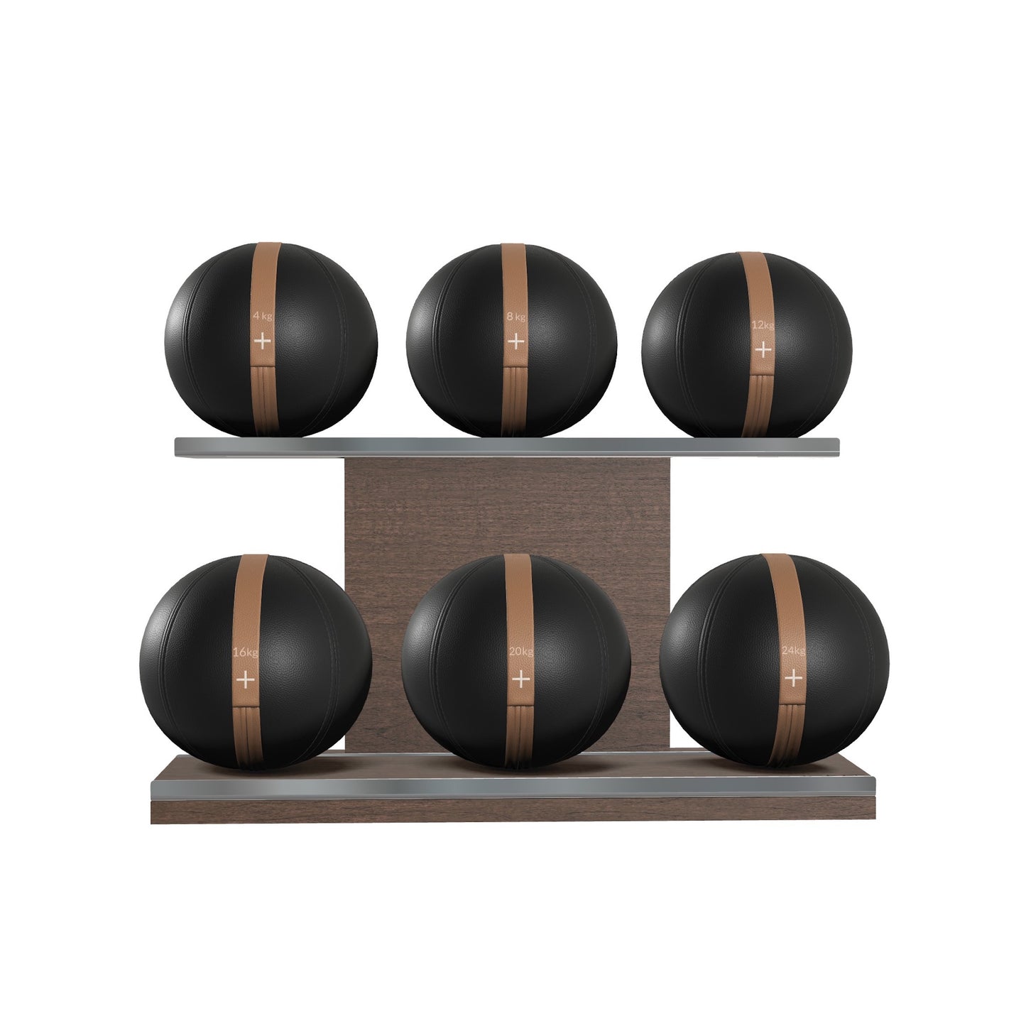 Six black leather medicine balls with brown accent leather, arranged on two shelves made of natural walnut wood. PENT. MOXA Set Ultimate - Set of 6 Medicine Balls on Horizontal Wooden Stand