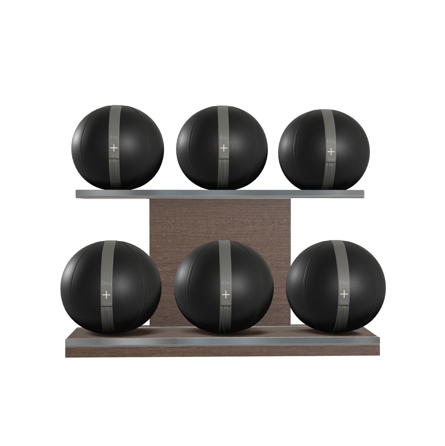 Six black leather medicine balls with grey accent leather, arranged on two shelves made of natural walnut wood. PENT. MOXA Set Ultimate - Set of 6 Medicine Balls on Horizontal Wooden Stand