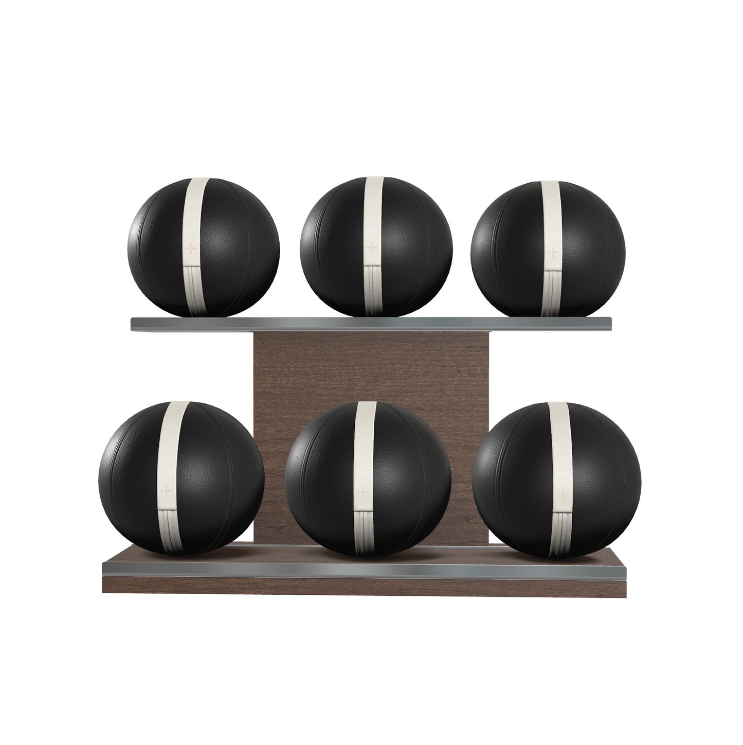 Six black leather medicine balls with white accent leather, arranged on two shelves made of natural walnut wood. PENT. MOXA Set Ultimate - Set of 6 Medicine Balls on Horizontal Wooden Stand