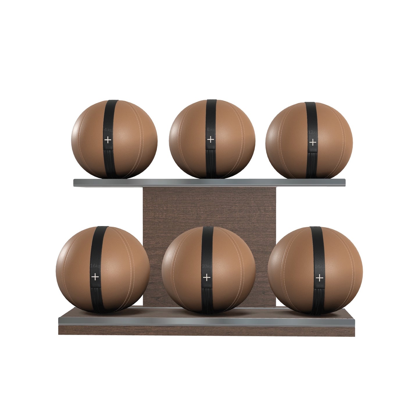 Six brown leather medicine balls with black accent leather, arranged on two shelves made of natural walnut wood. PENT. MOXA Set Ultimate - Set of 6 Medicine Balls on Horizontal Wooden Stand