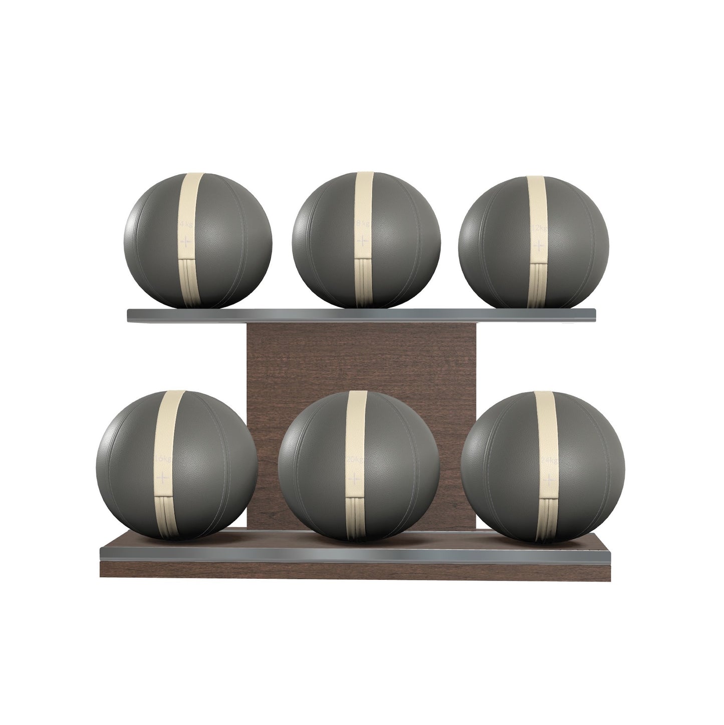 Six grey leather medicine balls with white accent leather, arranged on two shelves made of natural walnut wood. PENT. MOXA Set Ultimate - Set of 6 Medicine Balls on Horizontal Wooden Stand