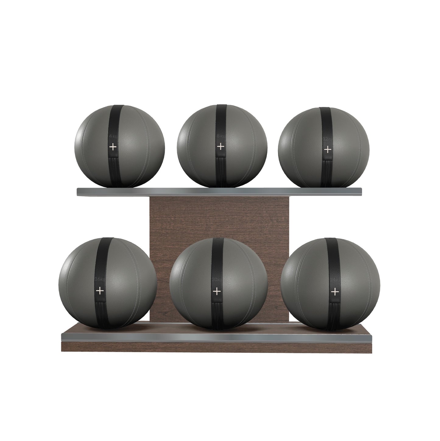 Six grey leather medicine balls with black accent leather, arranged on two shelves made of natural walnut wood. PENT. MOXA Set Ultimate - Set of 6 Medicine Balls on Horizontal Wooden Stand