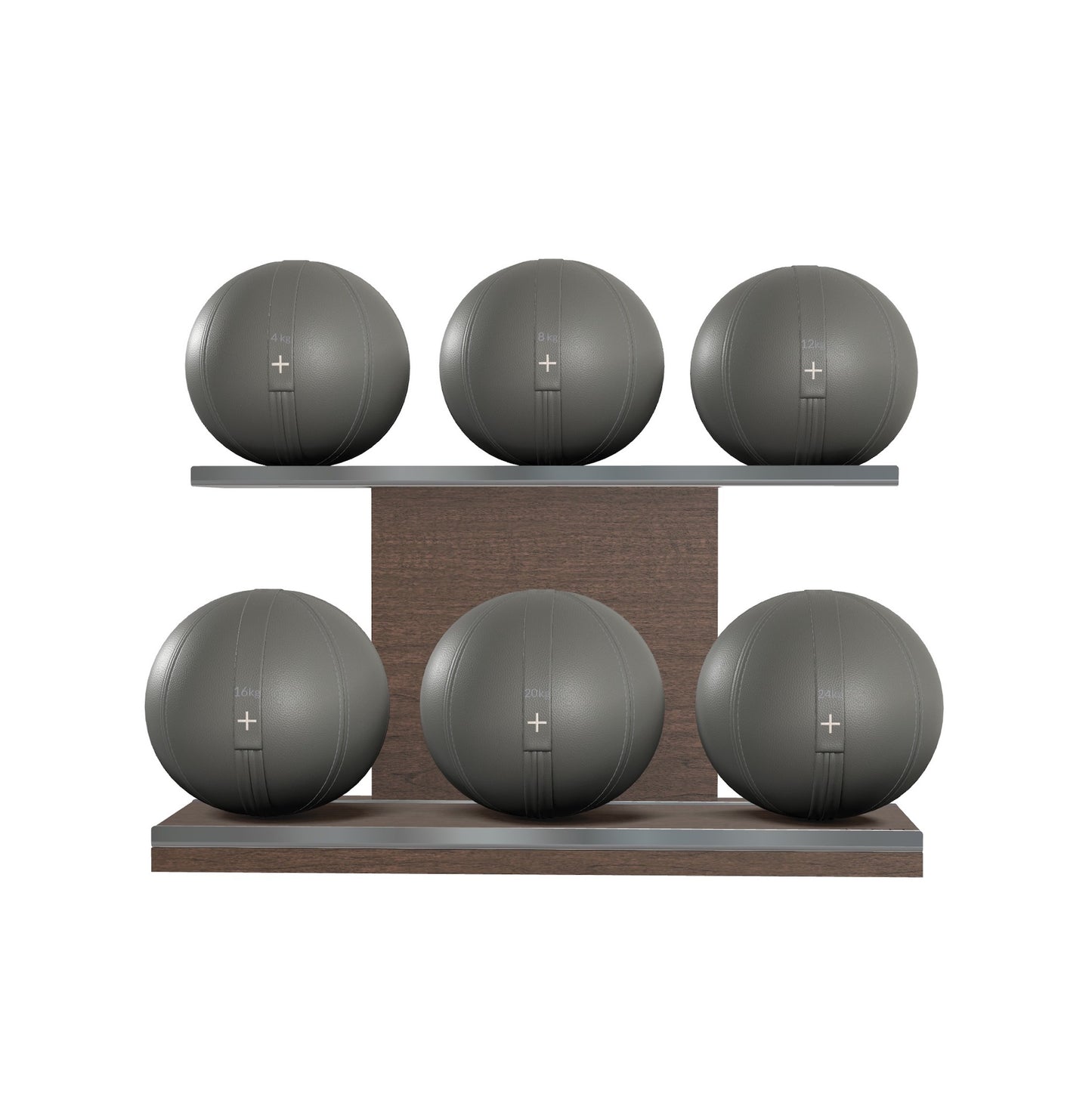 Six grey leather medicine balls with grey accent leather, arranged on two shelves made of natural walnut wood. PENT. MOXA Set Ultimate - Set of 6 Medicine Balls on Horizontal Wooden Stand