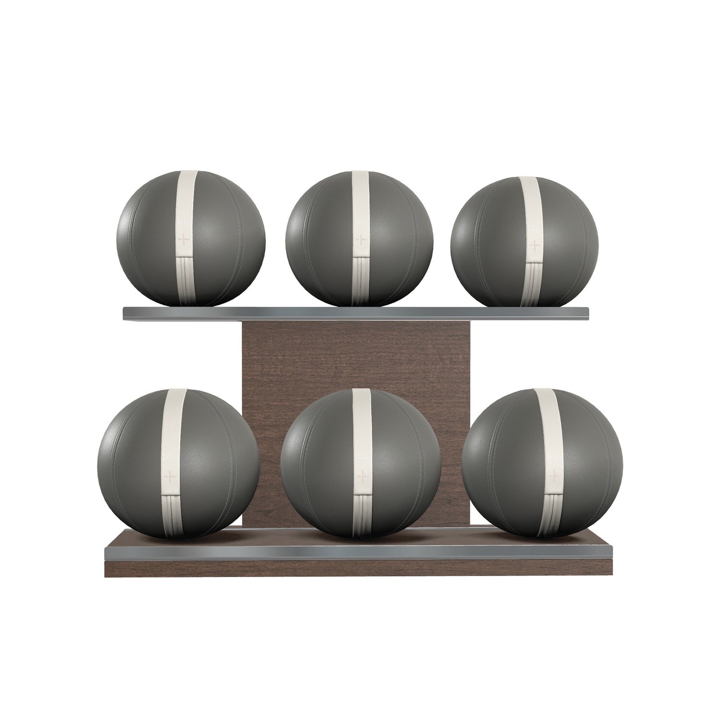 Six grey leather medicine balls with white accent leather, arranged on two shelves made of natural walnut wood. PENT. MOXA Set Ultimate - Set of 6 Medicine Balls on Horizontal Wooden Stand