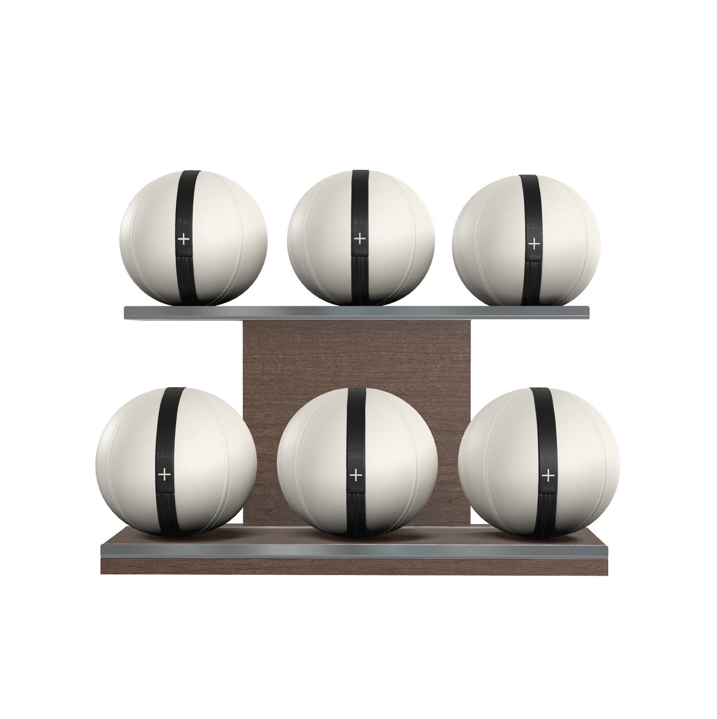 Six white leather medicine balls with black accent leather, arranged on two shelves made of natural walnut wood. PENT. MOXA Set Ultimate - Set of 6 Medicine Balls on Horizontal Wooden Stand