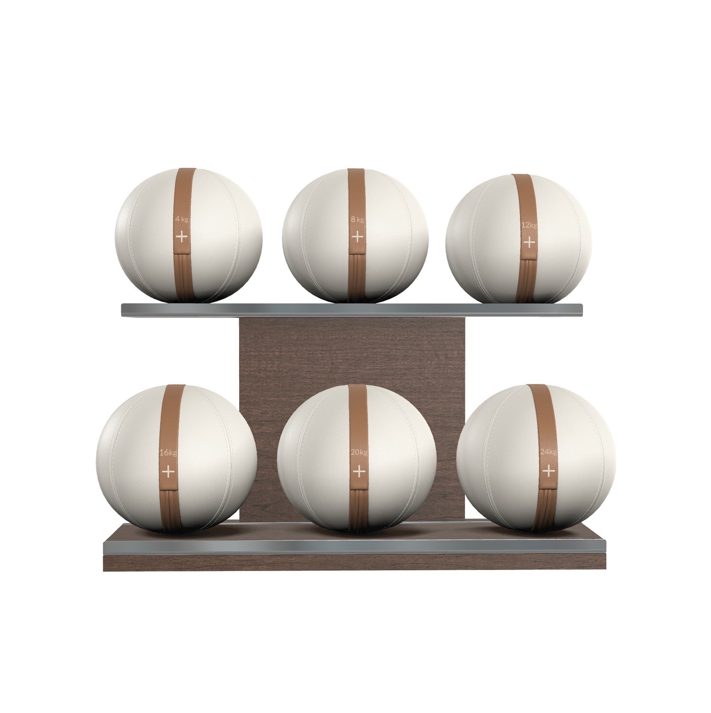 Six white leather medicine balls with brown accent leather, arranged on two shelves made of natural walnut wood. PENT. MOXA Set Ultimate - Set of 6 Medicine Balls on Horizontal Wooden Stand