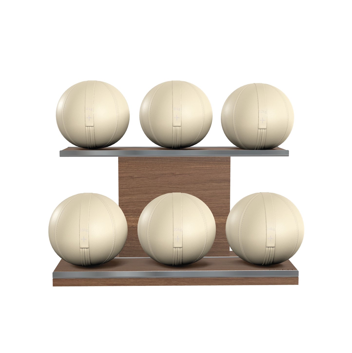 Six beige leather medicine balls with beige accent leather, arranged on two shelves made of natural walnut wood. PENT. MOXA Set Ultimate - Set of 6 Medicine Balls on Horizontal Wooden Stand