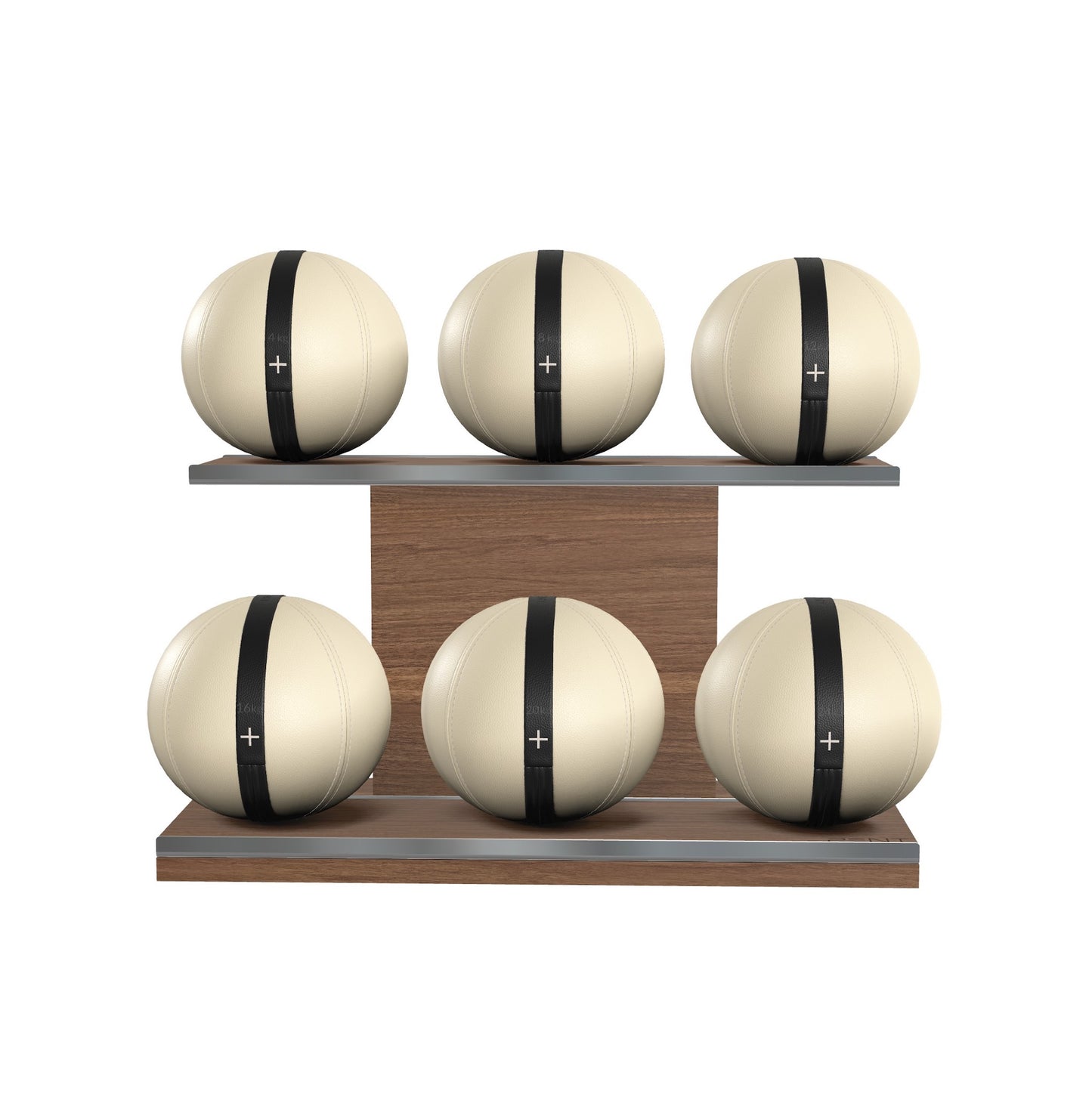 Six beige leather medicine balls with black accent leather, arranged on two shelves made of natural walnut wood. PENT. MOXA Set Ultimate - Set of 6 Medicine Balls on Horizontal Wooden Stand