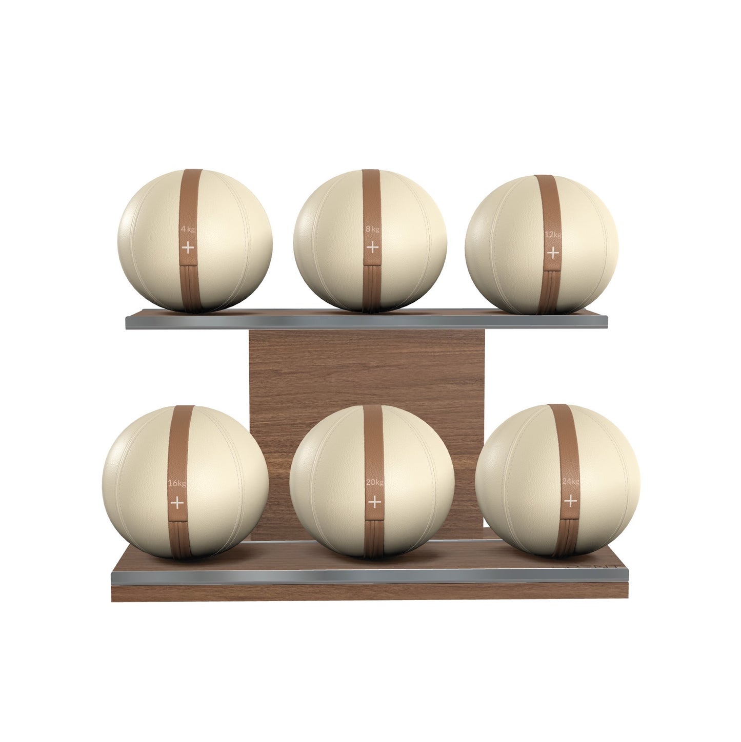 Six beige leather medicine balls with brown accent leather, arranged on two shelves made of natural walnut wood. PENT. MOXA Set Ultimate - Set of 6 Medicine Balls on Horizontal Wooden Stand
