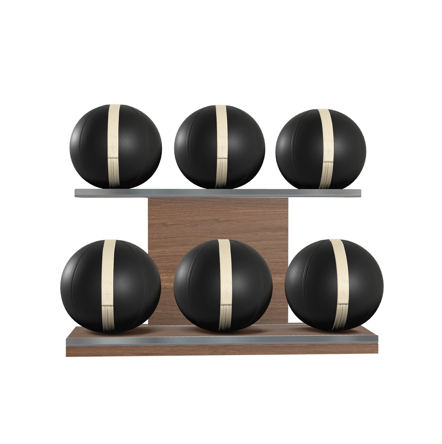 Six black leather medicine balls with beige accent leather, arranged on two shelves made of natural walnut wood. PENT. MOXA Set Ultimate - Set of 6 Medicine Balls on Horizontal Wooden Stand