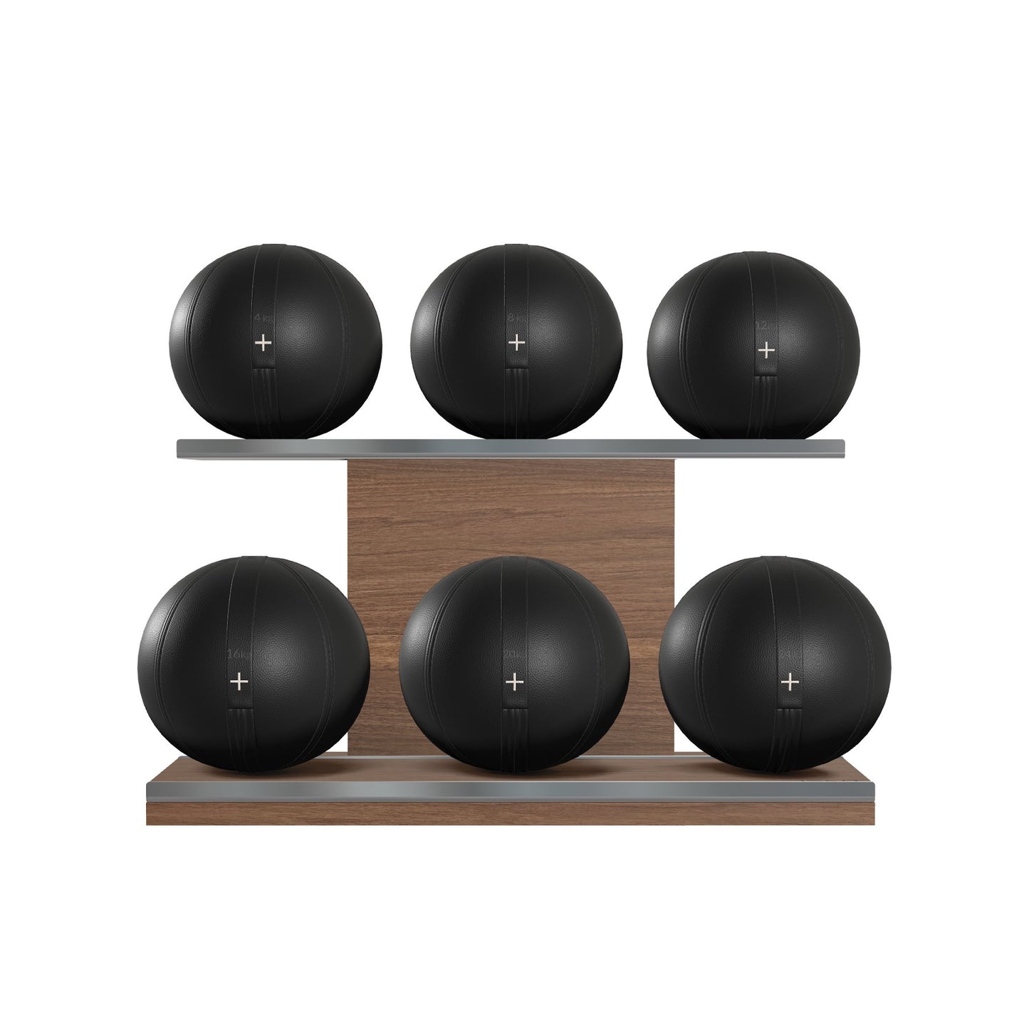 Six black leather medicine balls with black accent leather, arranged on two shelves made of natural walnut wood. PENT. MOXA Set Ultimate - Set of 6 Medicine Balls on Horizontal Wooden Stand