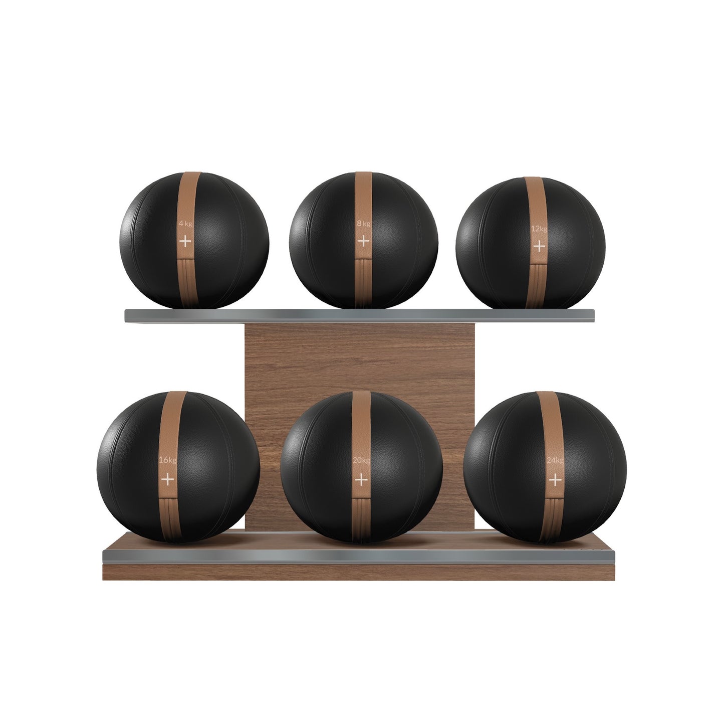 Six black leather medicine balls with brown accent leather, arranged on two shelves made of natural walnut wood. PENT. MOXA Set Ultimate - Set of 6 Medicine Balls on Horizontal Wooden Stand